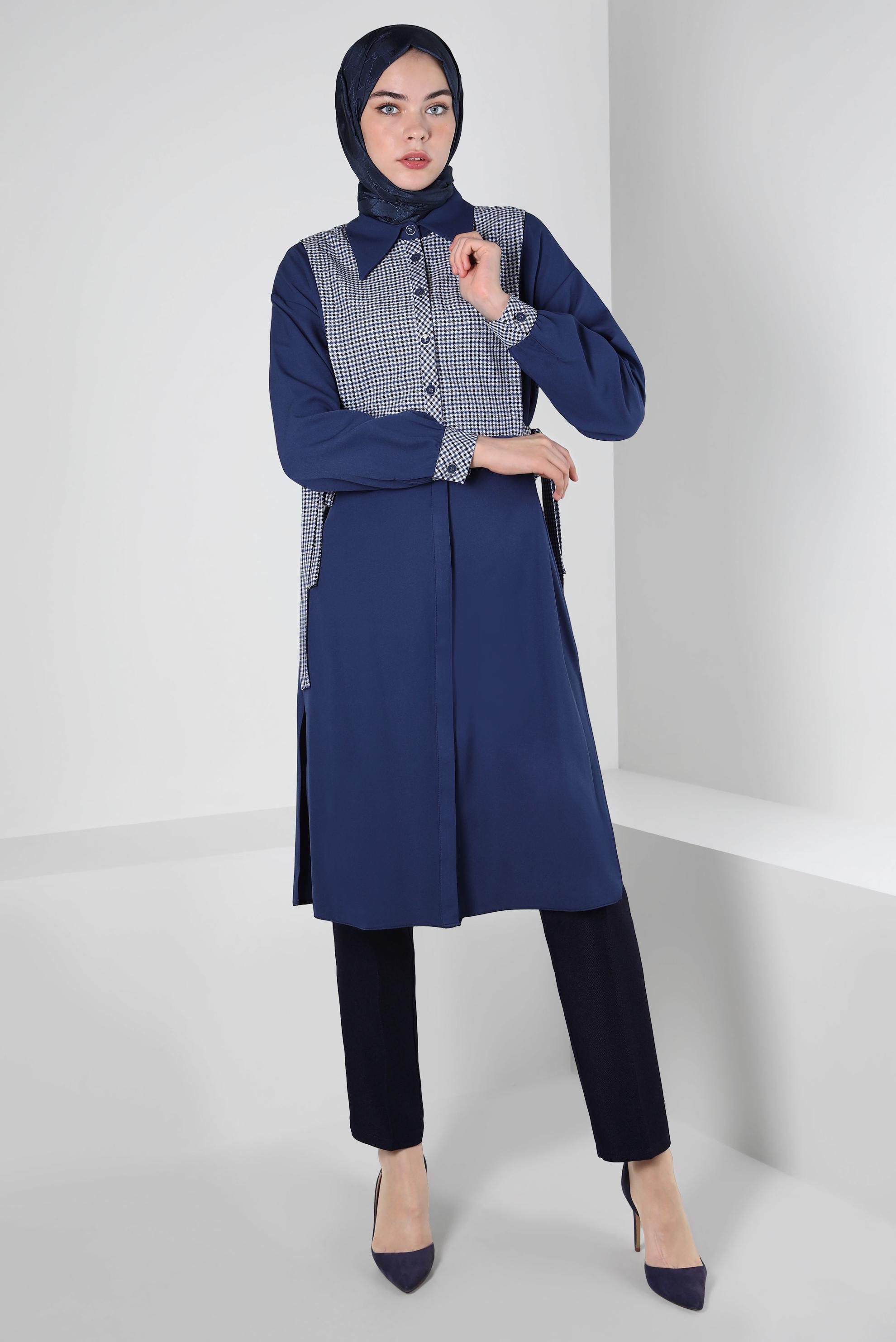 Tesettür giyim LACİVERT KAZAYAĞI DESENLİ GÖMLEK TUNİK 44128