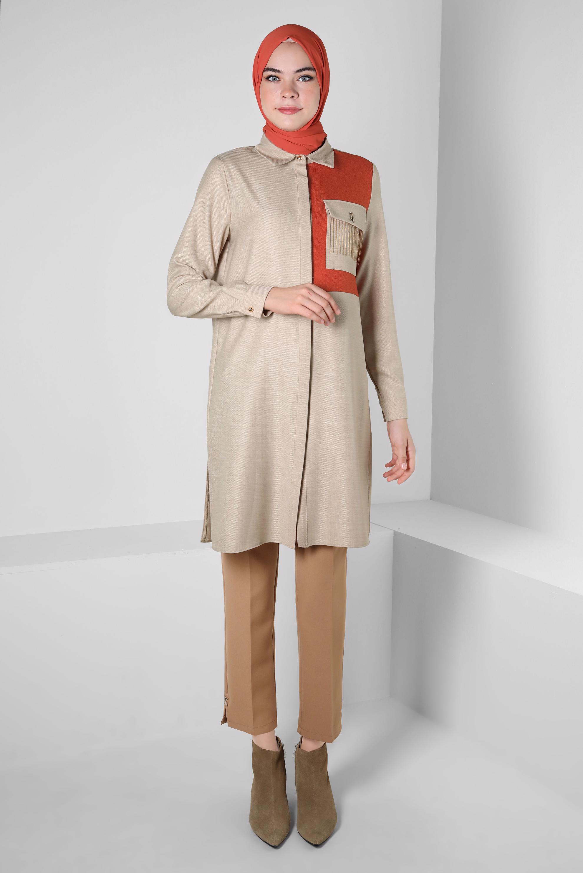 Tesettür giyim BEJ ZİNCİR DETAYLI TUNİK 44130