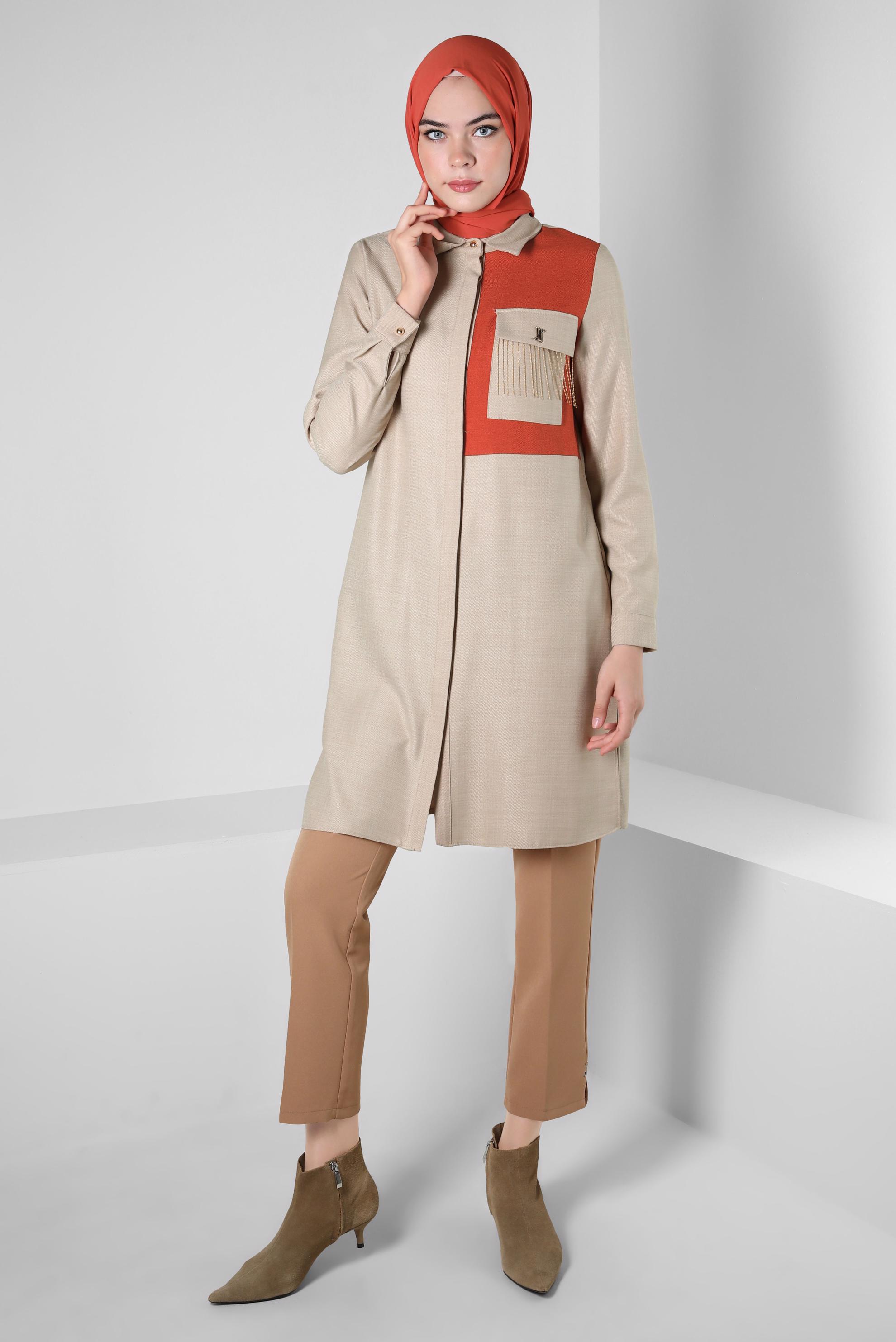 Tesettür giyim BEJ ZİNCİR DETAYLI TUNİK 44130