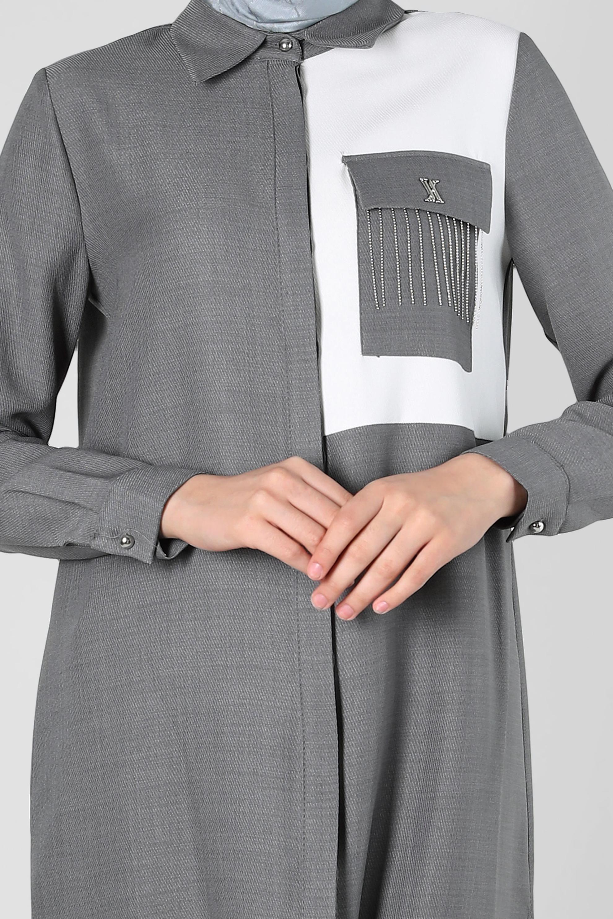 Tesettür giyim GRİ ZİNCİR DETAYLI TUNİK 44130