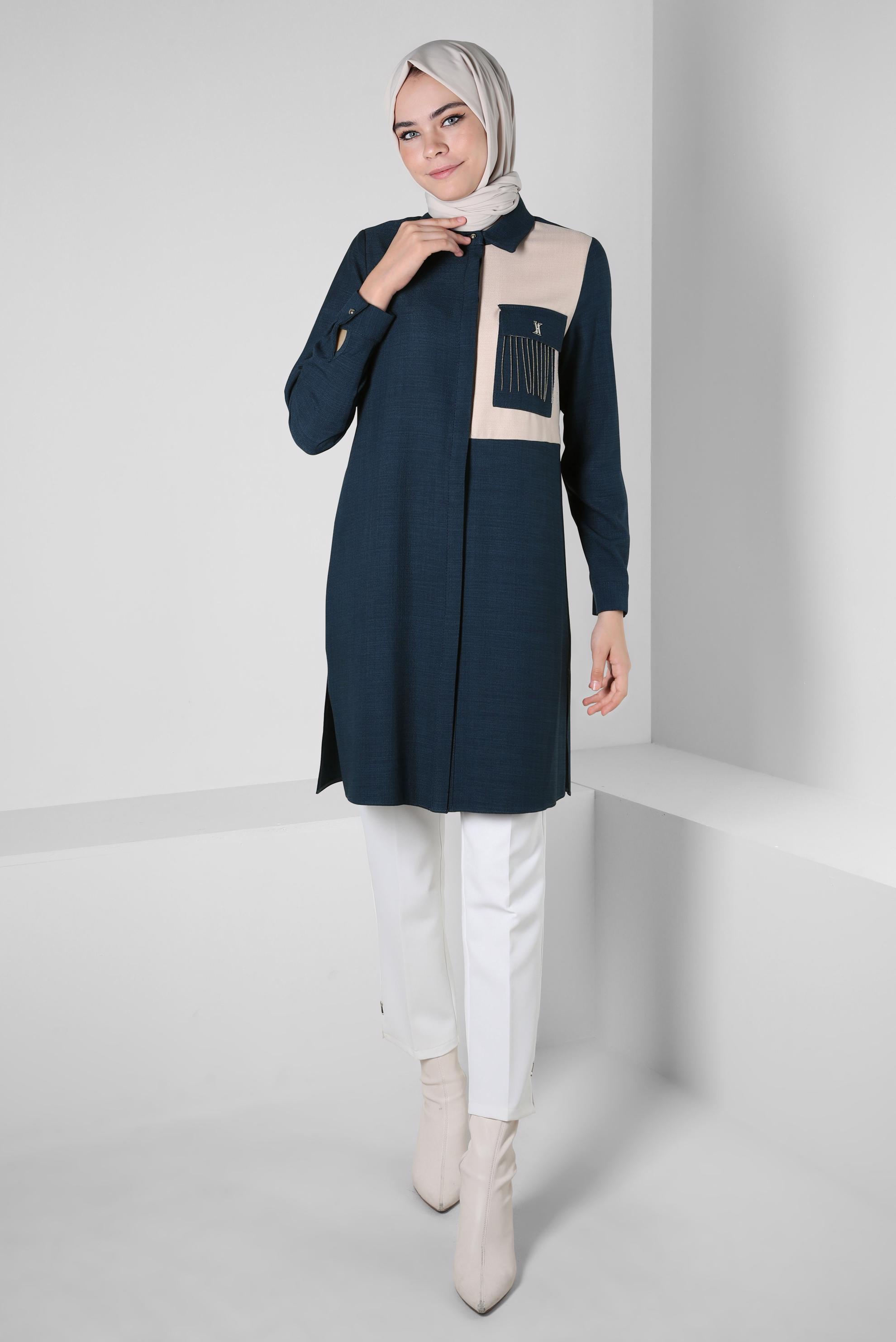 Tesettür giyim MAVİ ZİNCİR DETAYLI TUNİK 44130