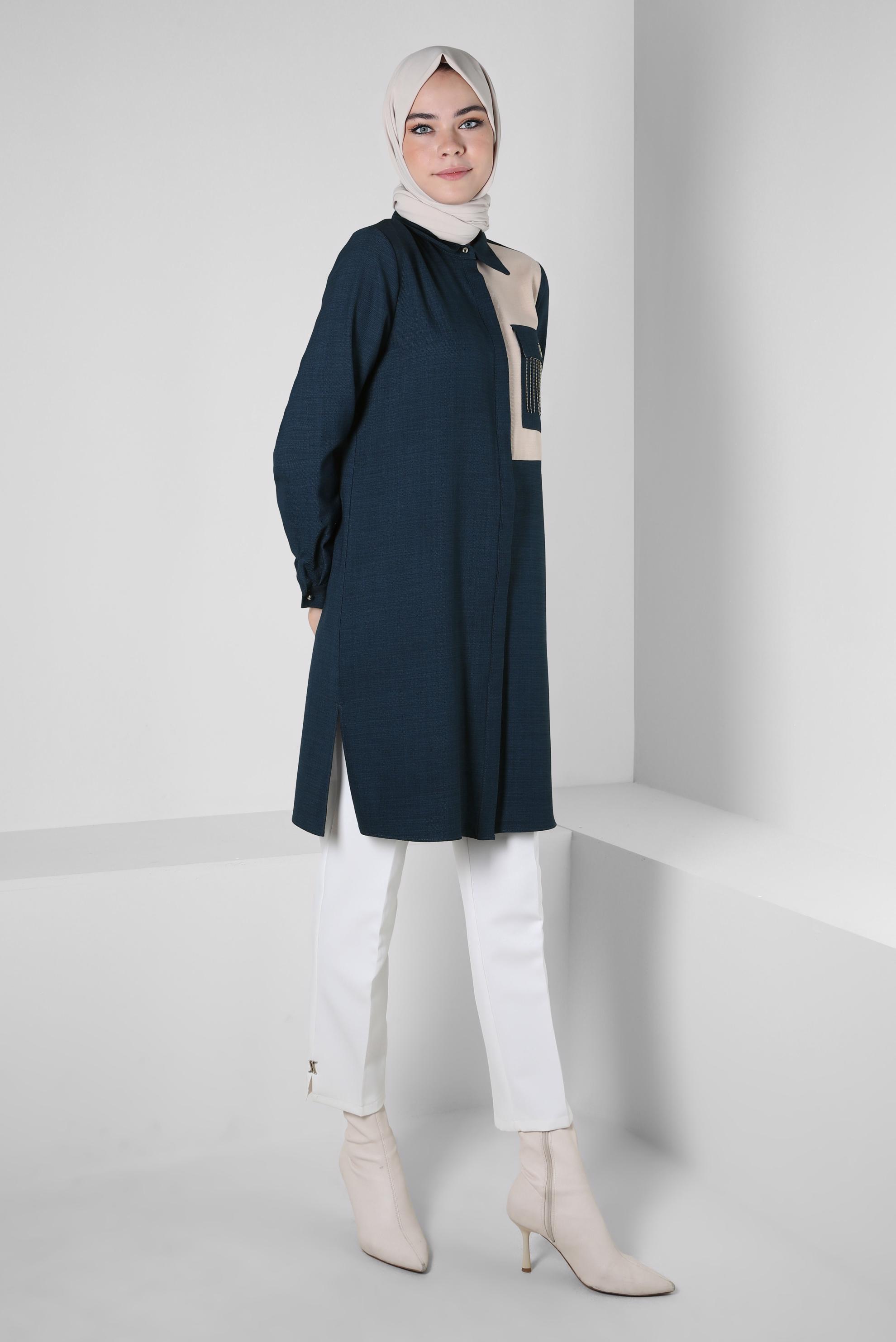 Tesettür giyim MAVİ ZİNCİR DETAYLI TUNİK 44130