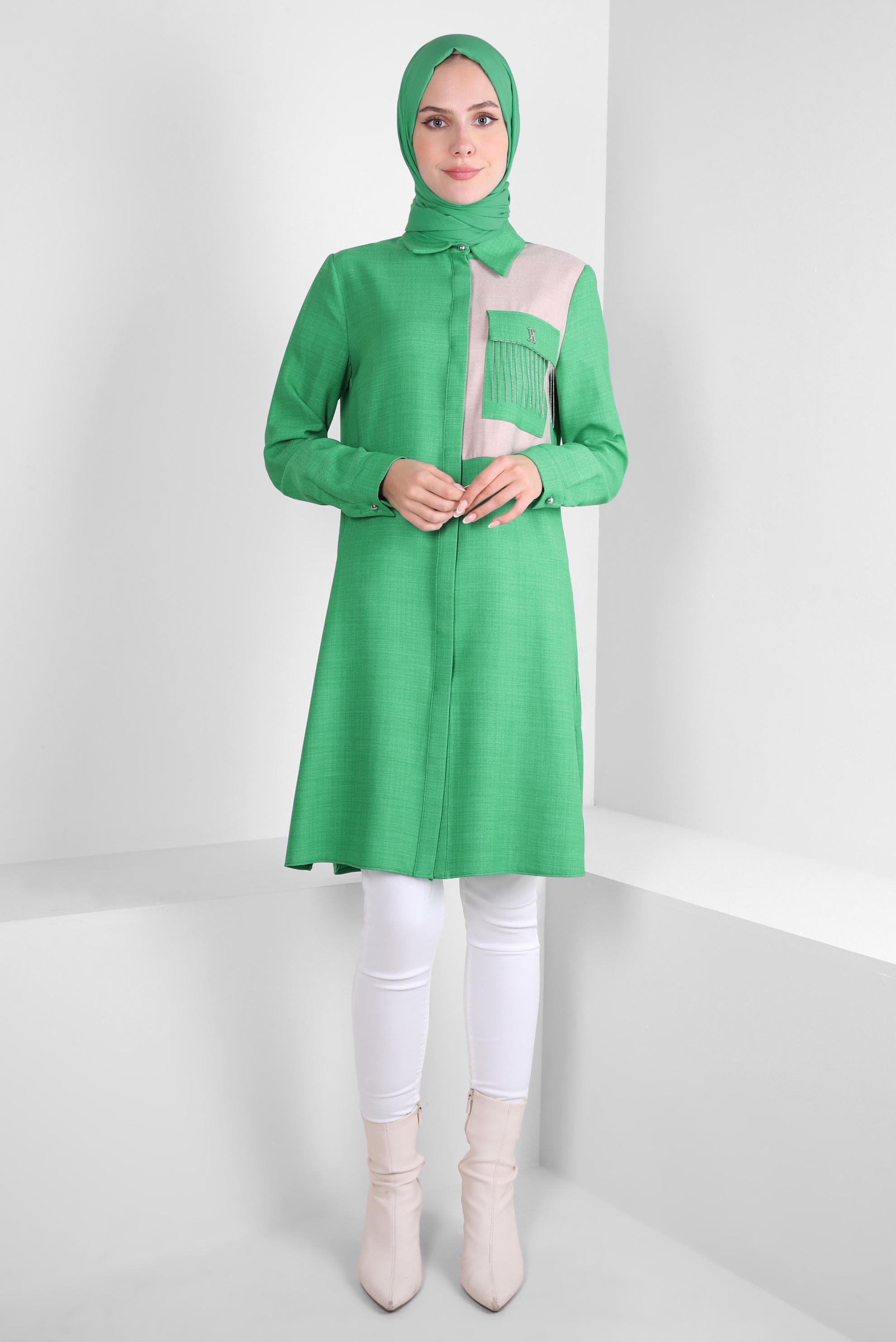 Tesettür giyim YEŞİL ZİNCİR DETAYLI TUNİK 44130