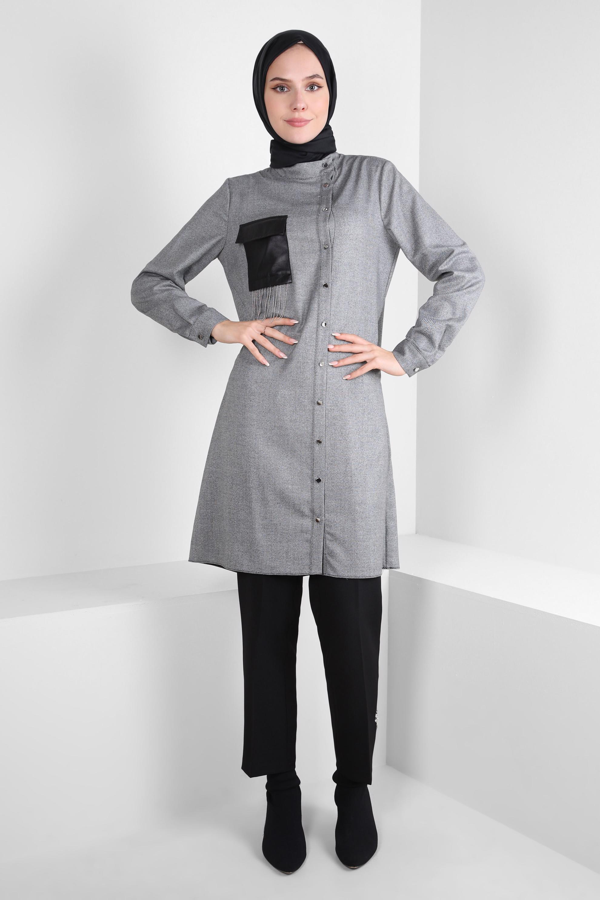 Tesettür giyim SİYAH CEPLİ GÖMLEK TUNİK 44131