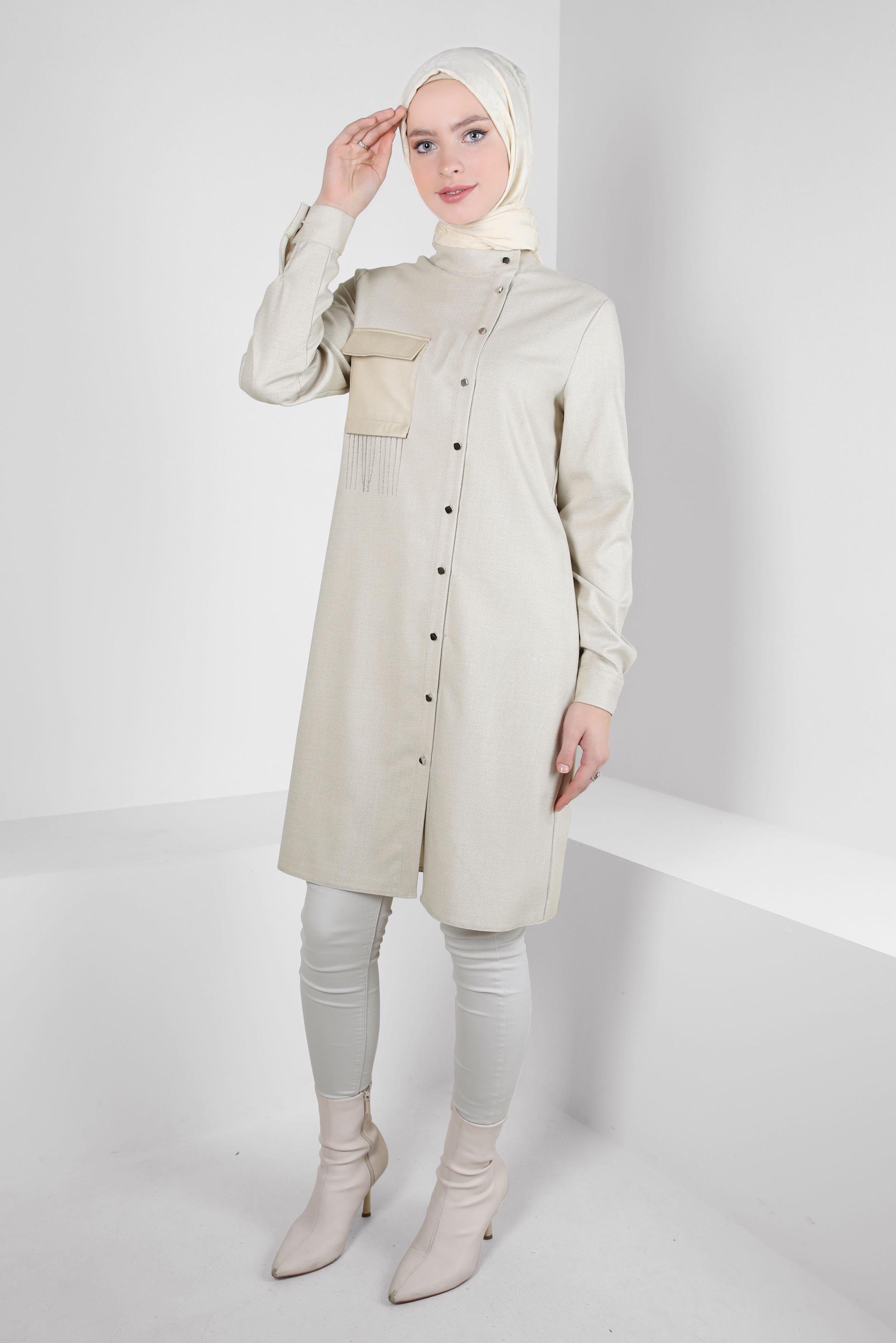 Tesettür giyim BEJ CEPLİ GÖMLEK TUNİK 44131
