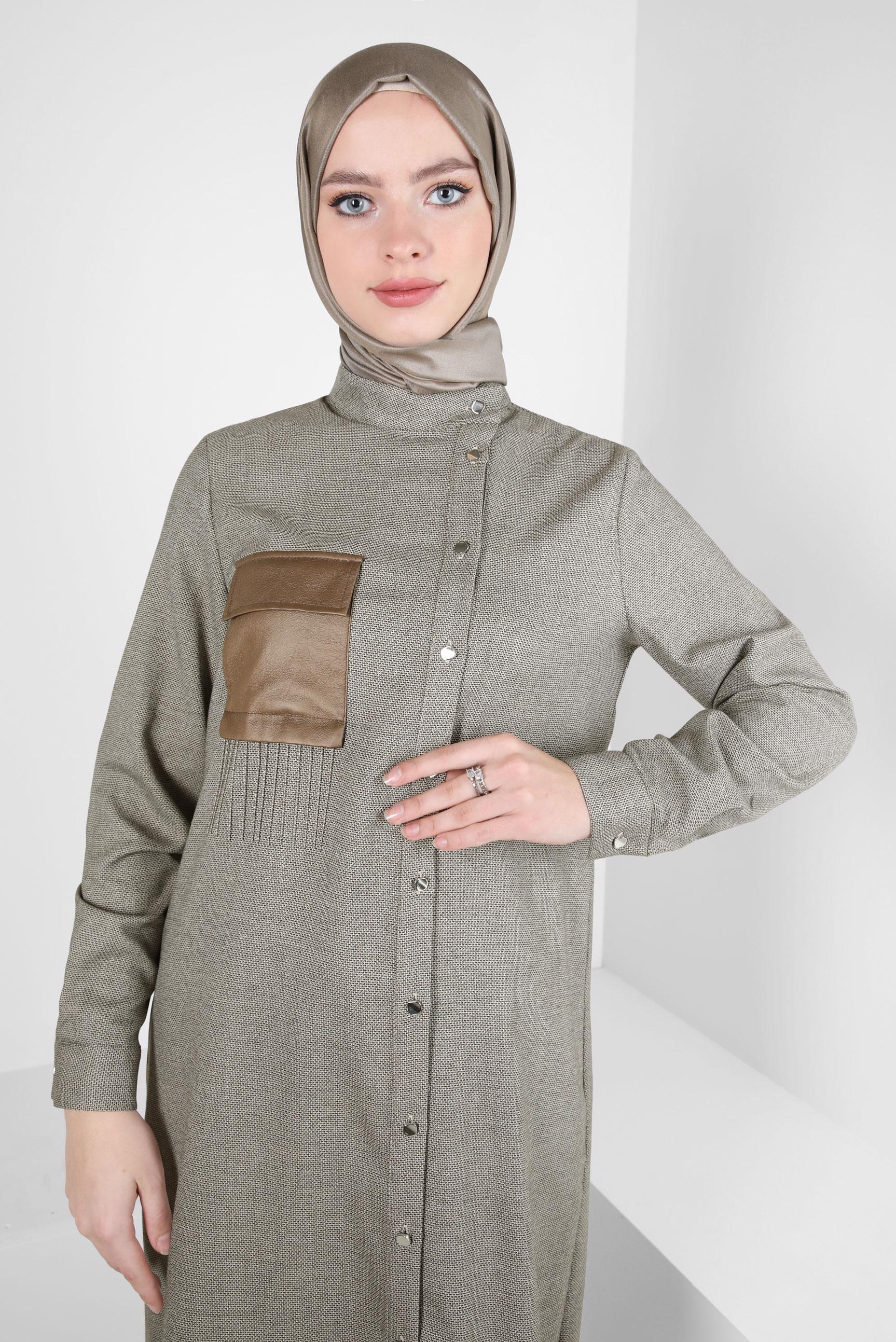 Tesettür giyim KAHVE CEPLİ GÖMLEK TUNİK 44131