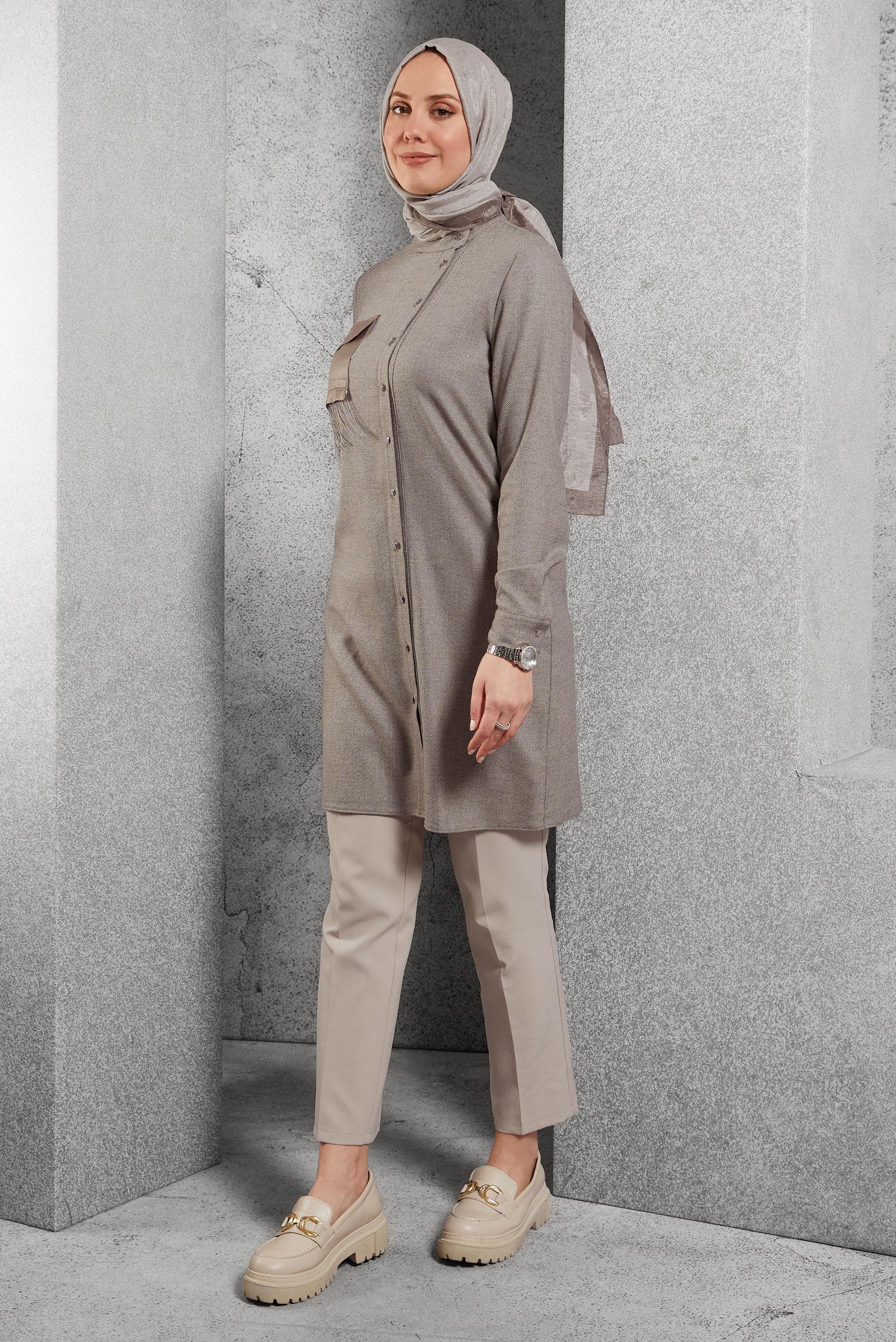 Tesettür giyim VİZON CEPLİ GÖMLEK TUNİK 44131