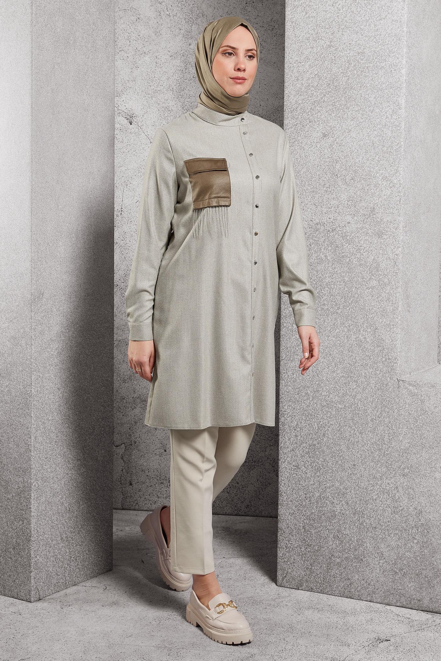 Tesettür giyim BEJ CEPLİ GÖMLEK TUNİK 44131
