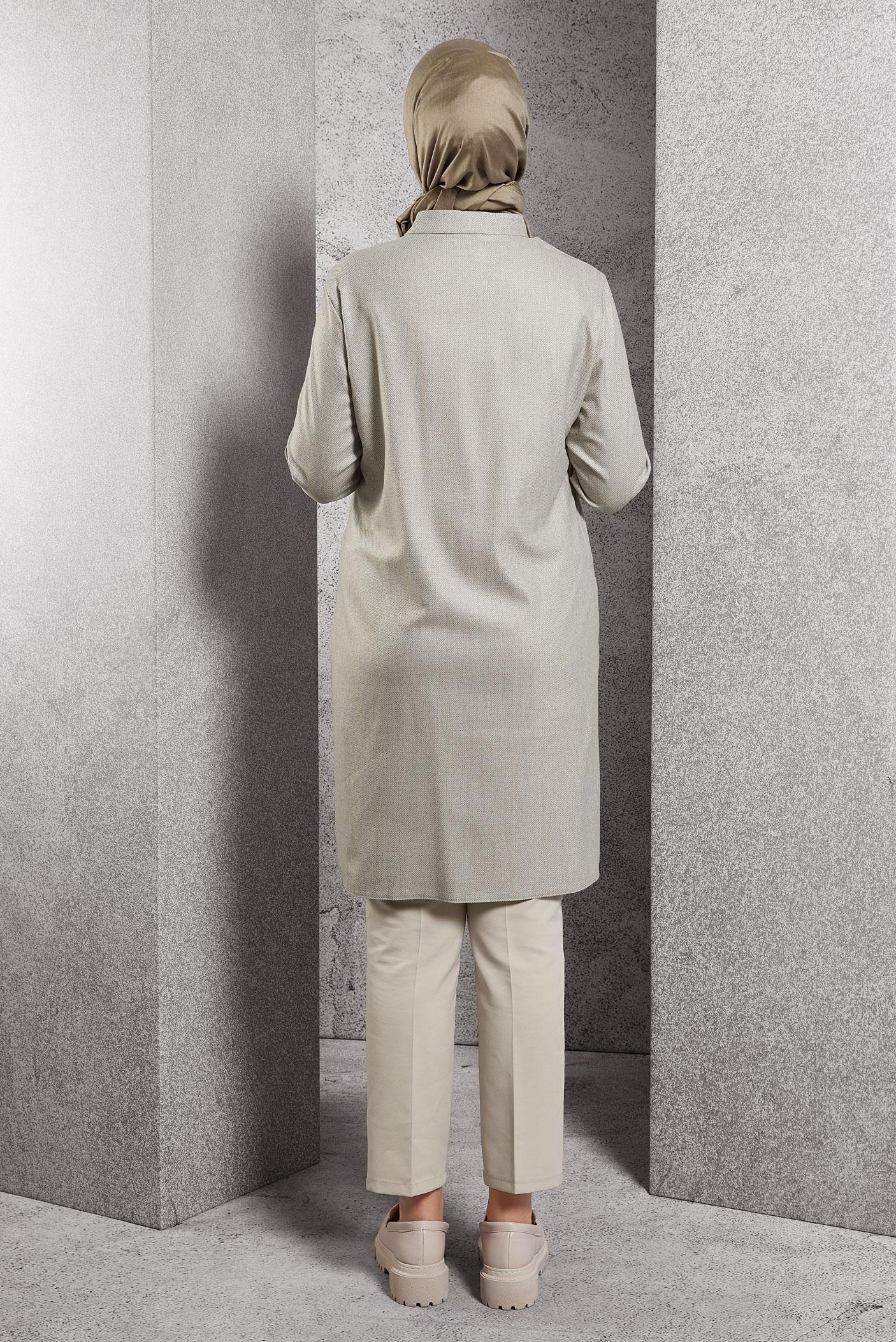 Tesettür giyim BEJ CEPLİ GÖMLEK TUNİK 44131