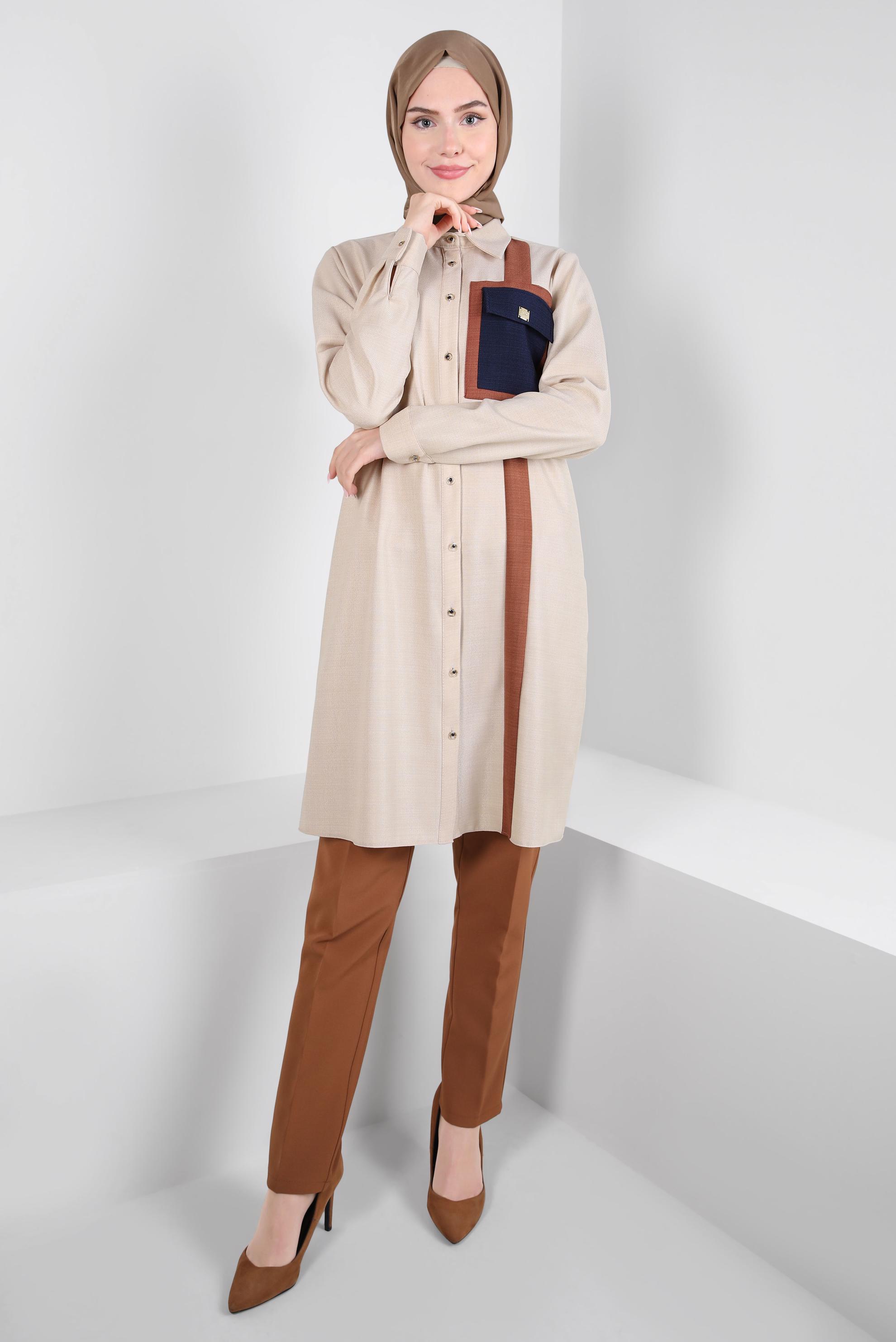 Tesettür giyim BEJ ŞERİT DETAYLI TUNİK 44132