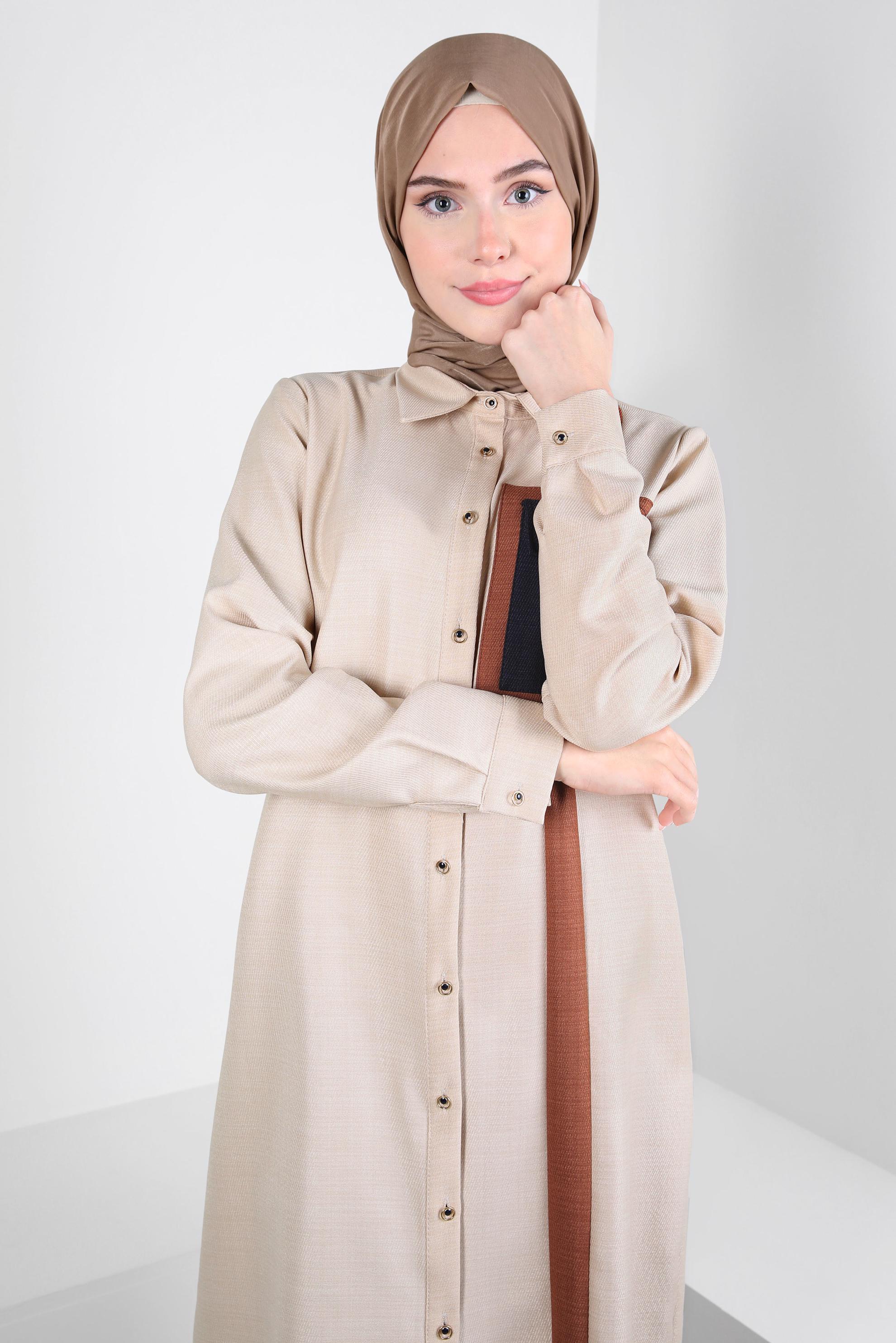Tesettür giyim BEJ ŞERİT DETAYLI TUNİK 44132