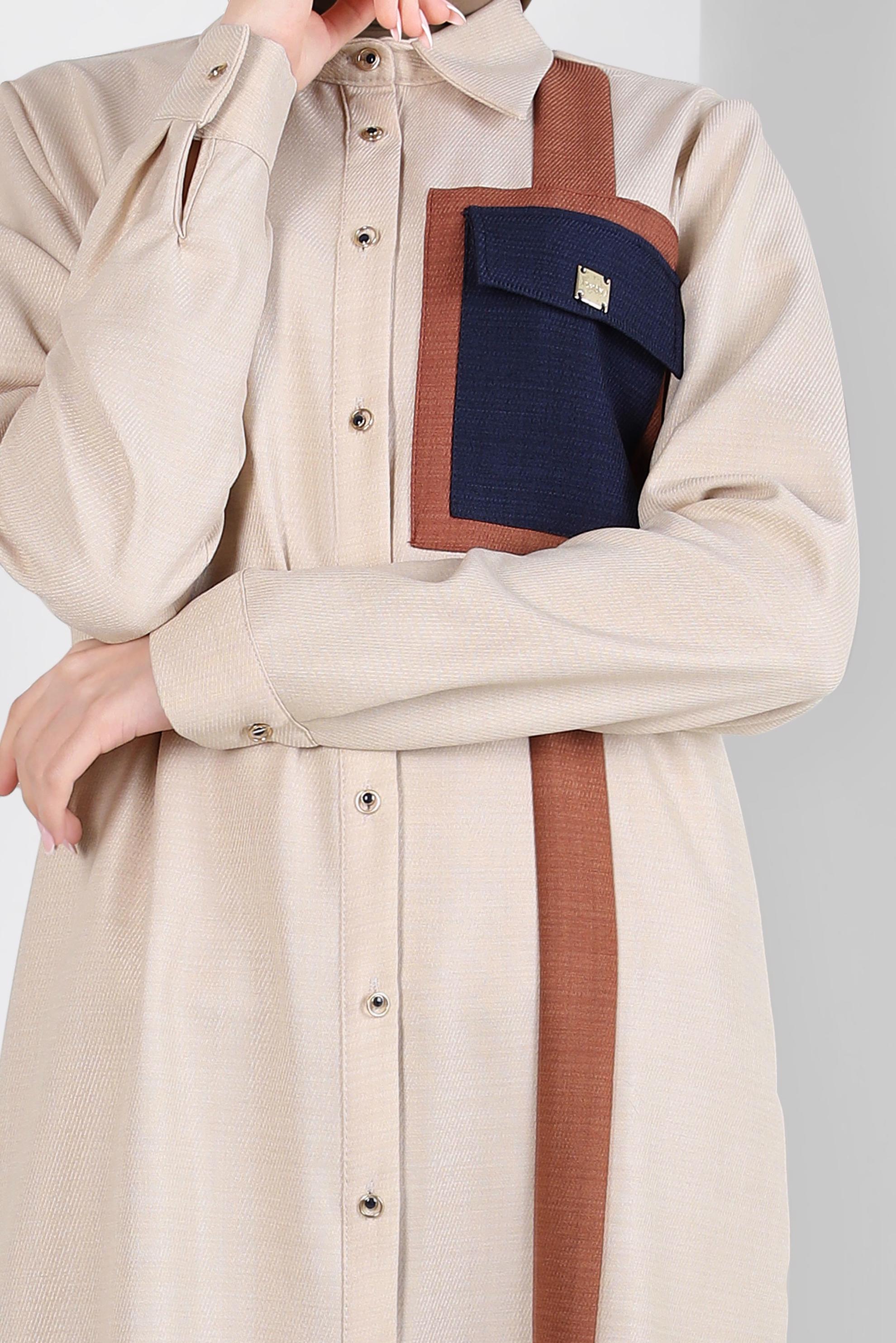 Tesettür giyim BEJ ŞERİT DETAYLI TUNİK 44132