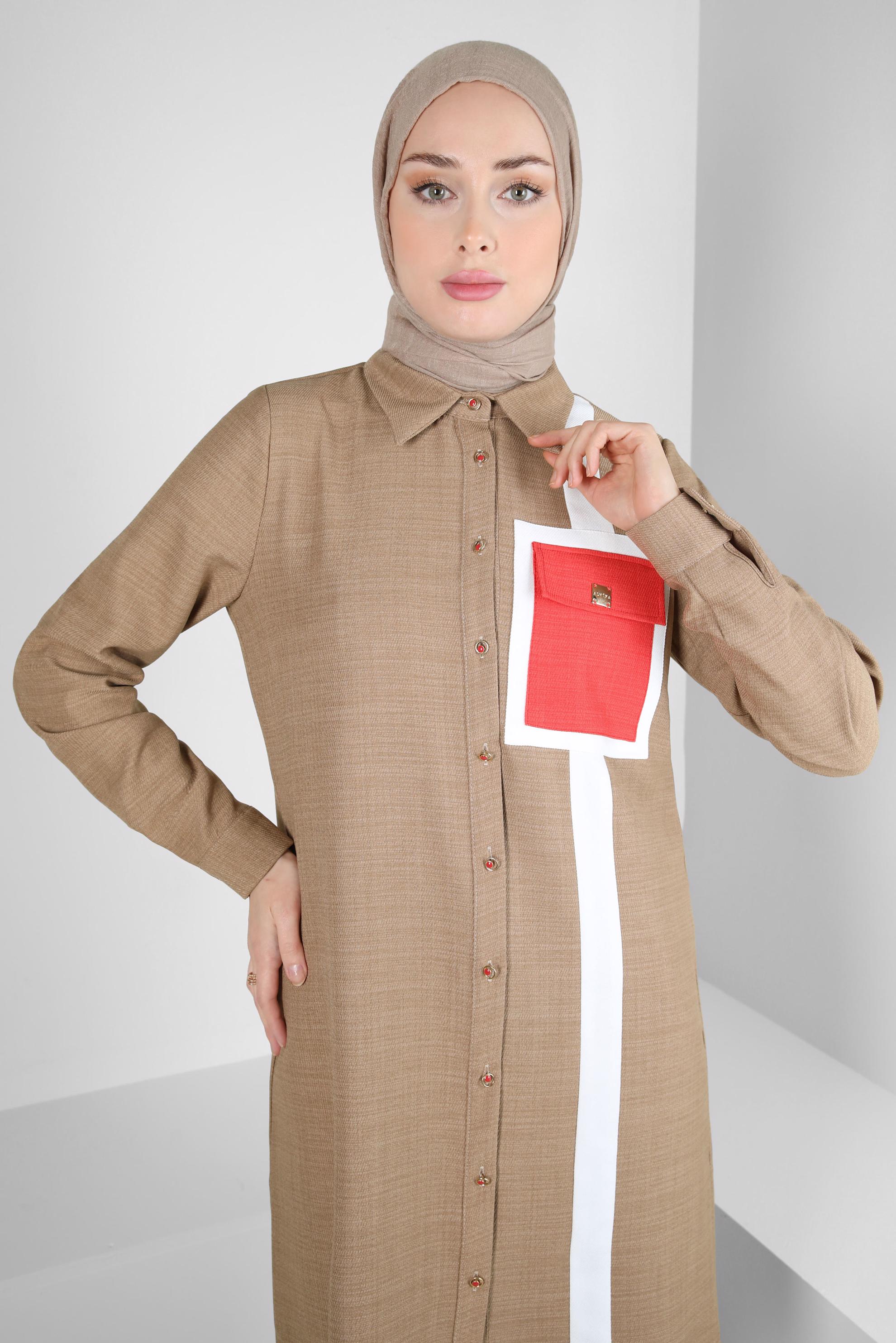 Tesettür giyim KAHVE ŞERİT DETAYLI TUNİK 44132