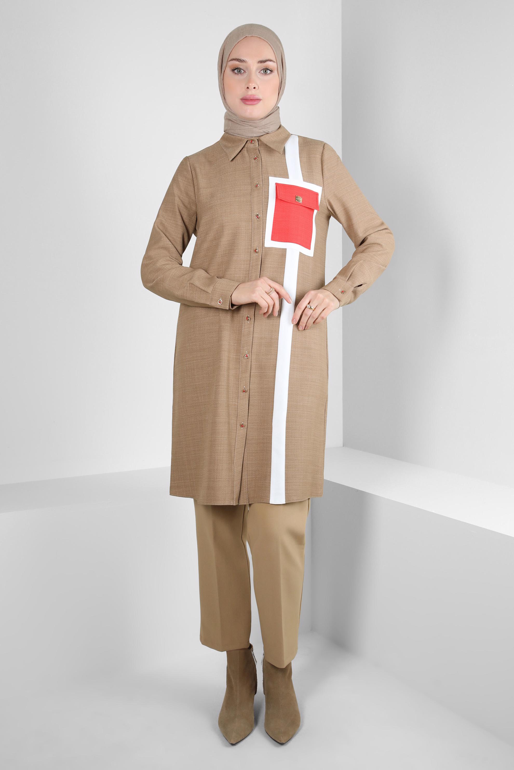 Tesettür giyim KAHVE ŞERİT DETAYLI TUNİK 44132