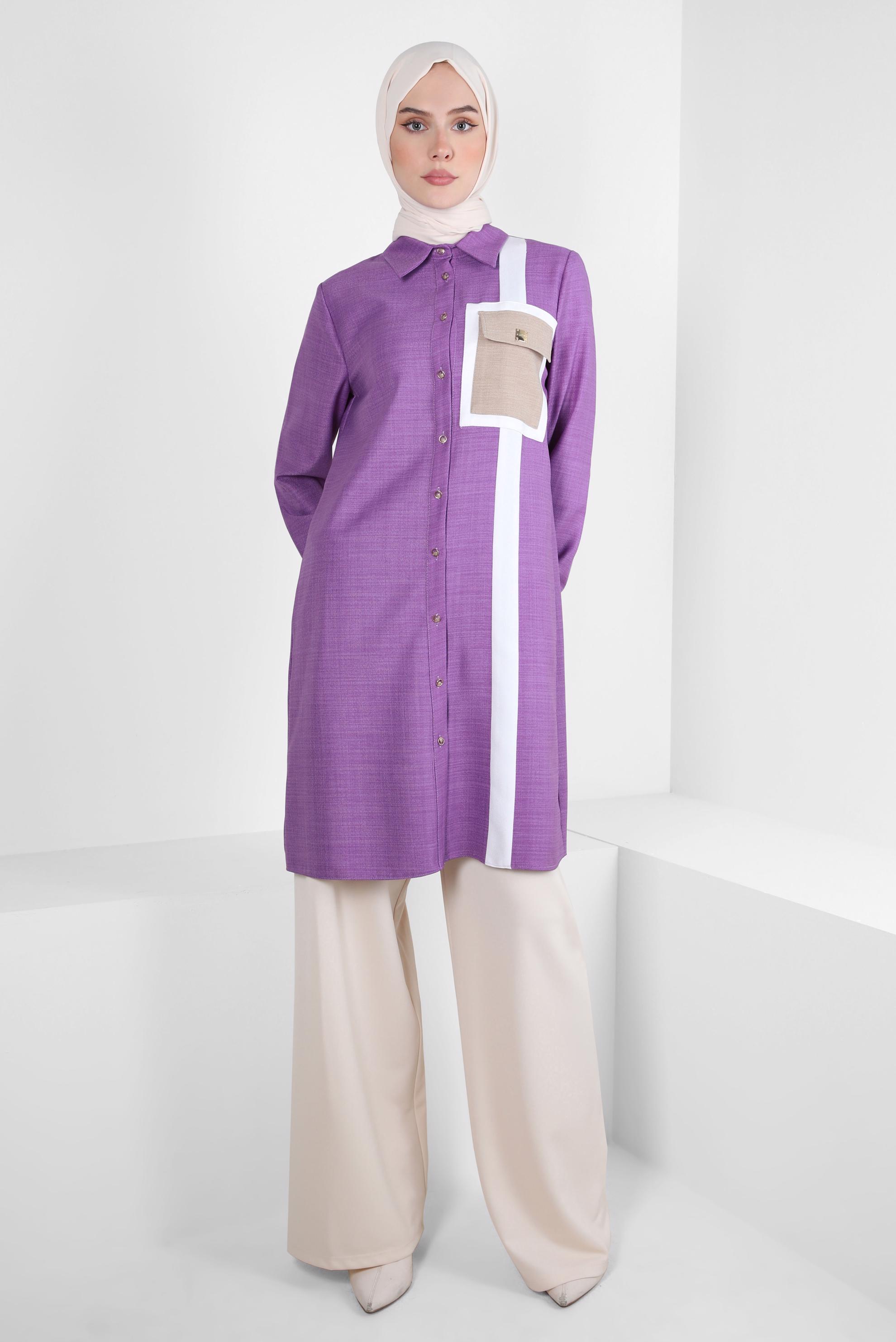 Tesettür giyim MOR ŞERİT DETAYLI TUNİK 44132