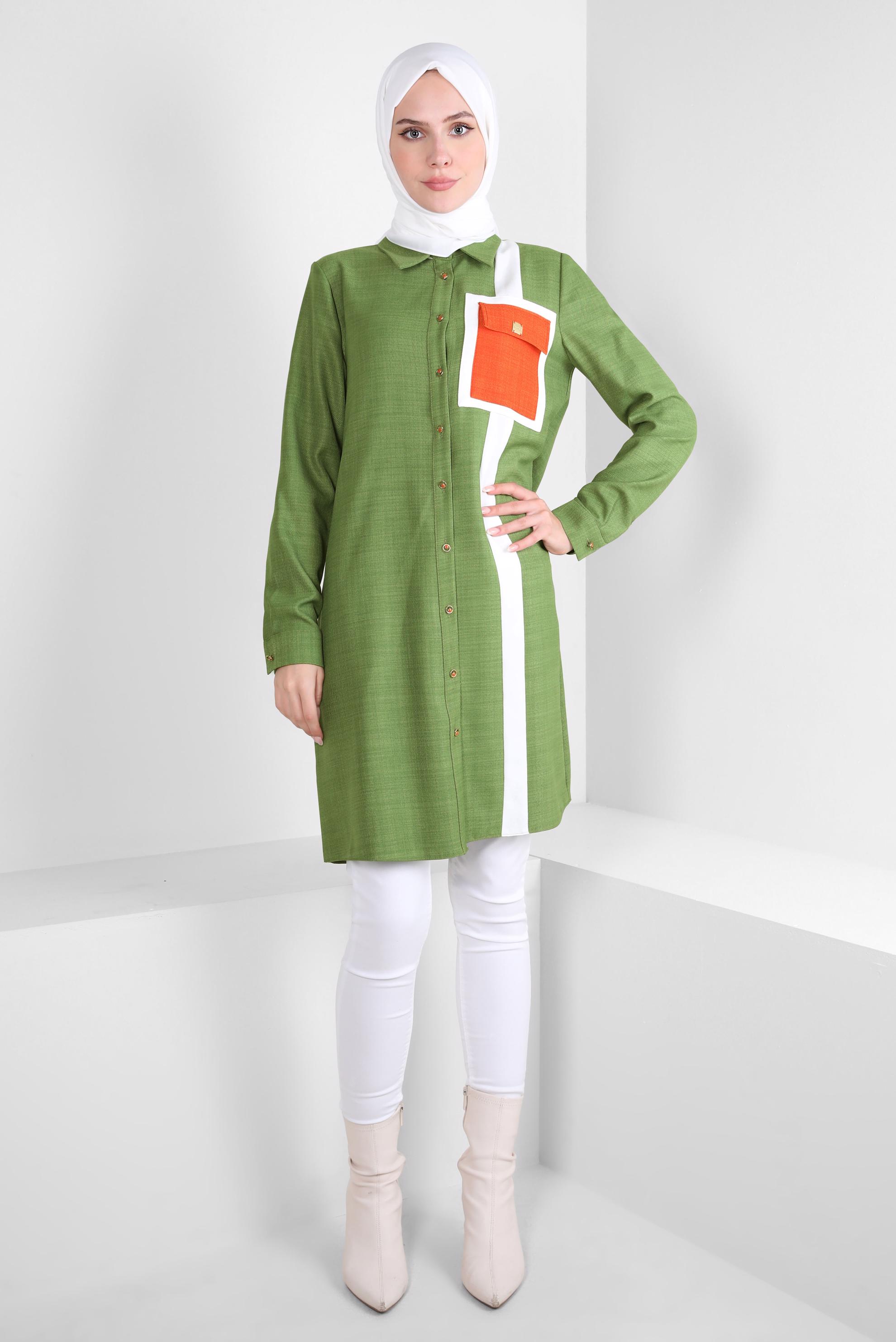 Tesettür giyim YEŞİL ŞERİT DETAYLI TUNİK 44132