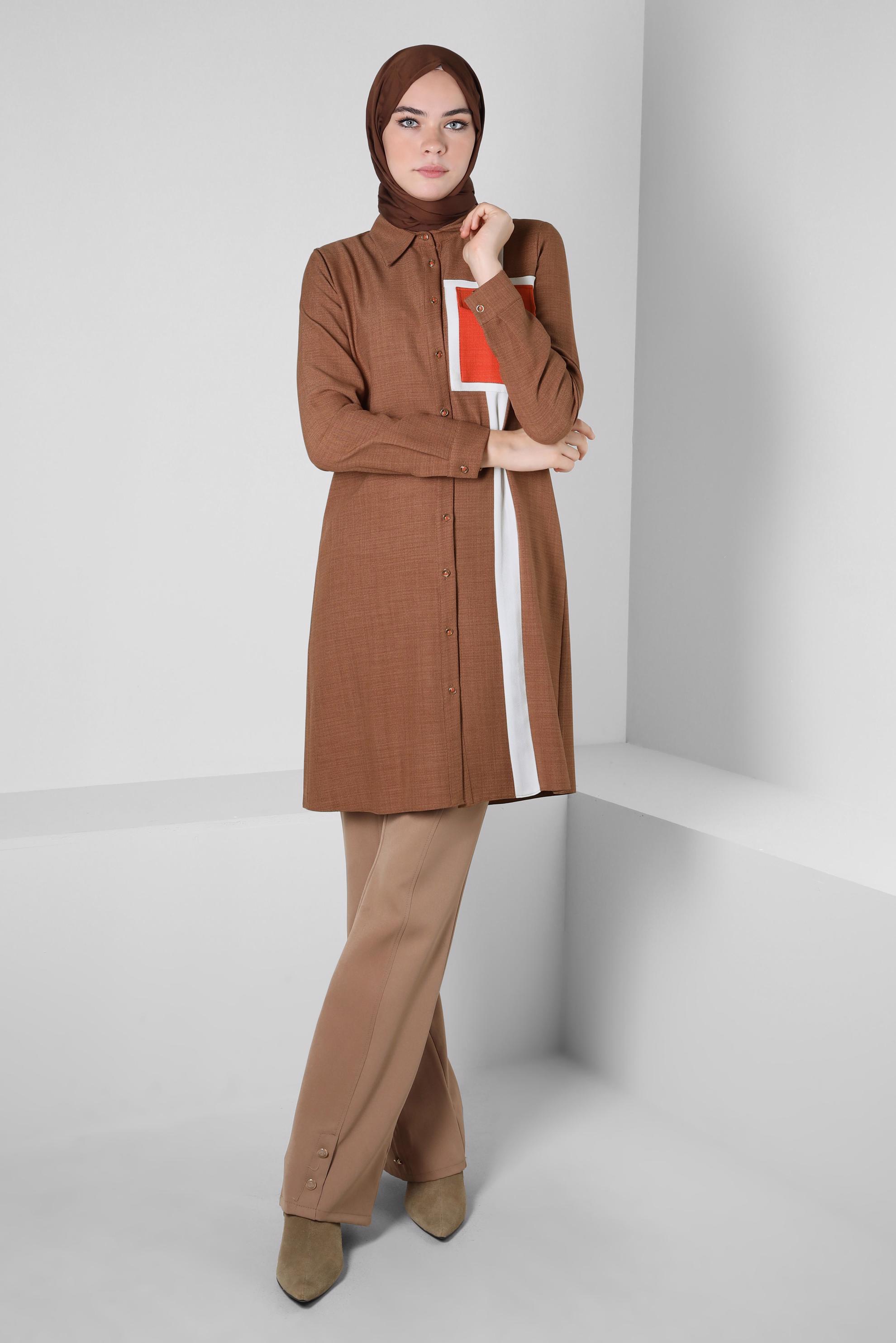 Tesettür giyim KAHVE ŞERİT DETAYLI TUNİK 44132