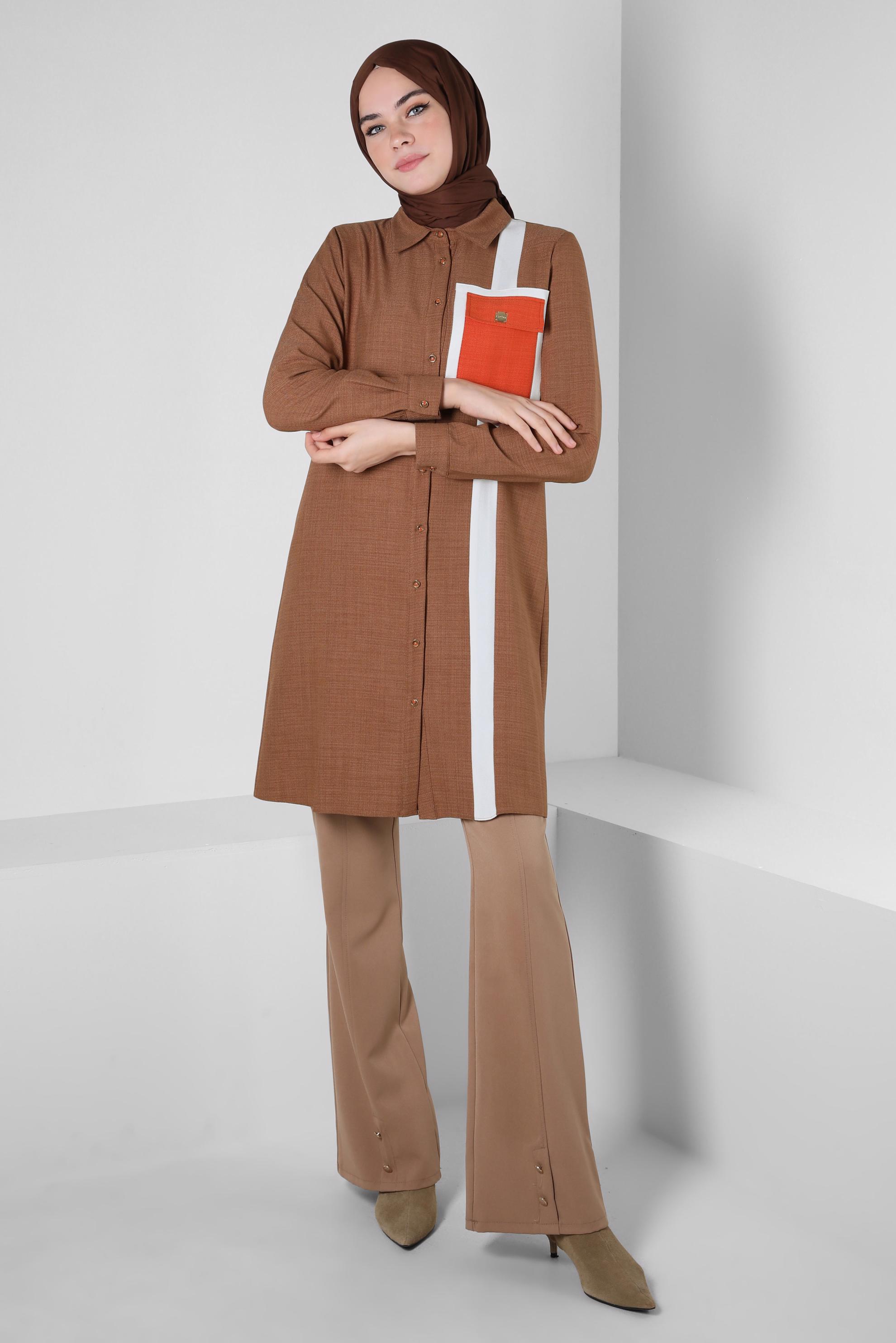 Tesettür giyim KAHVE ŞERİT DETAYLI TUNİK 44132