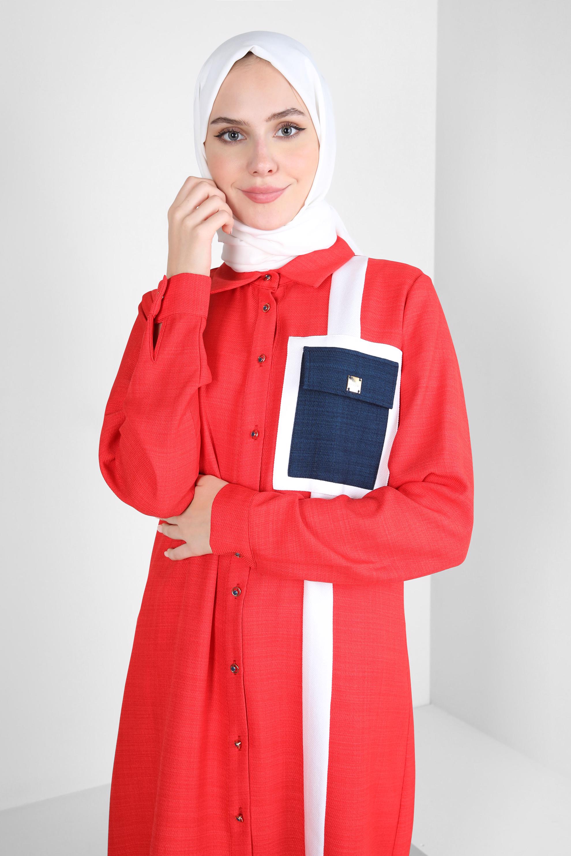 Tesettür giyim KIRMIZI ŞERİT DETAYLI TUNİK 44132