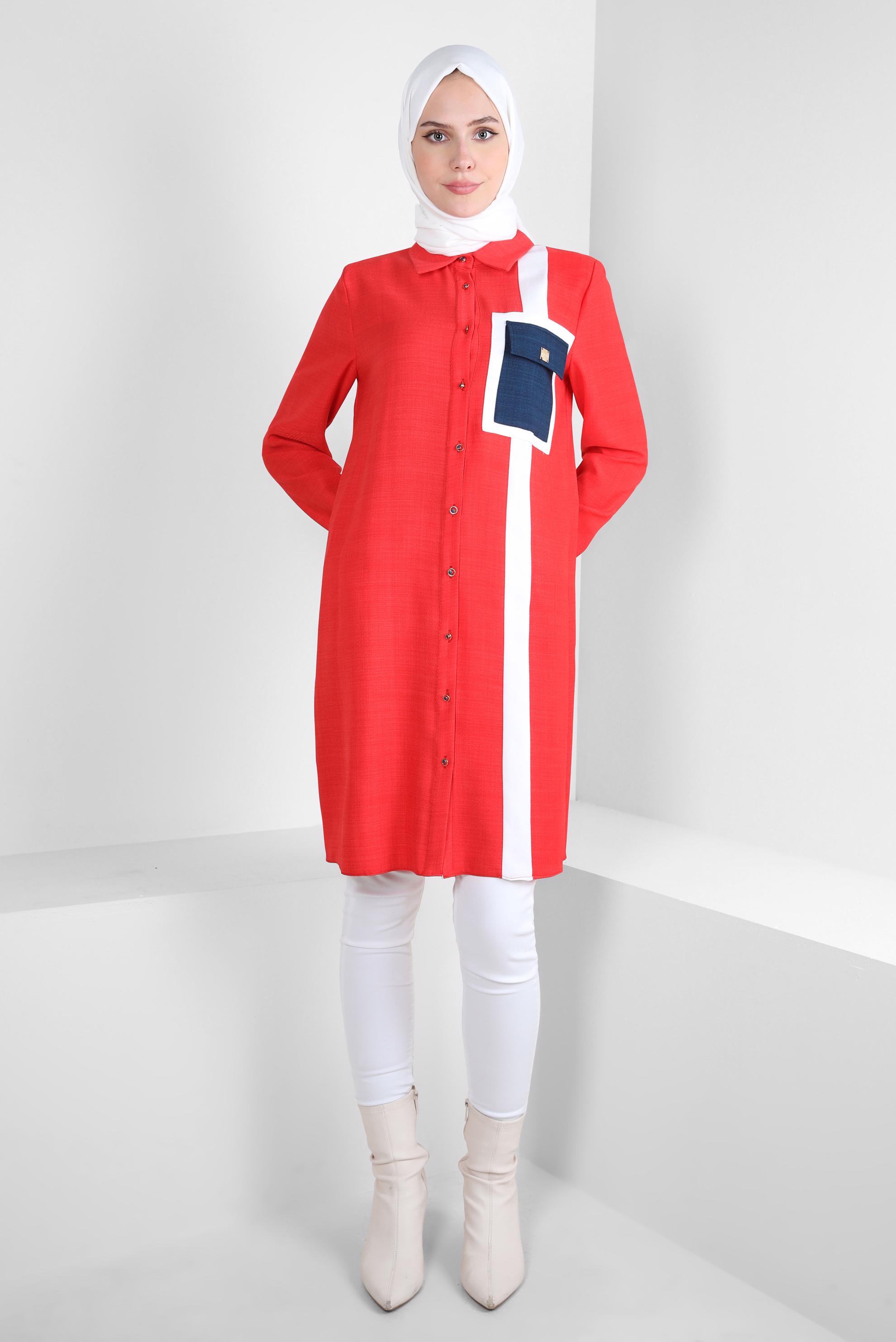 Tesettür giyim KIRMIZI ŞERİT DETAYLI TUNİK 44132