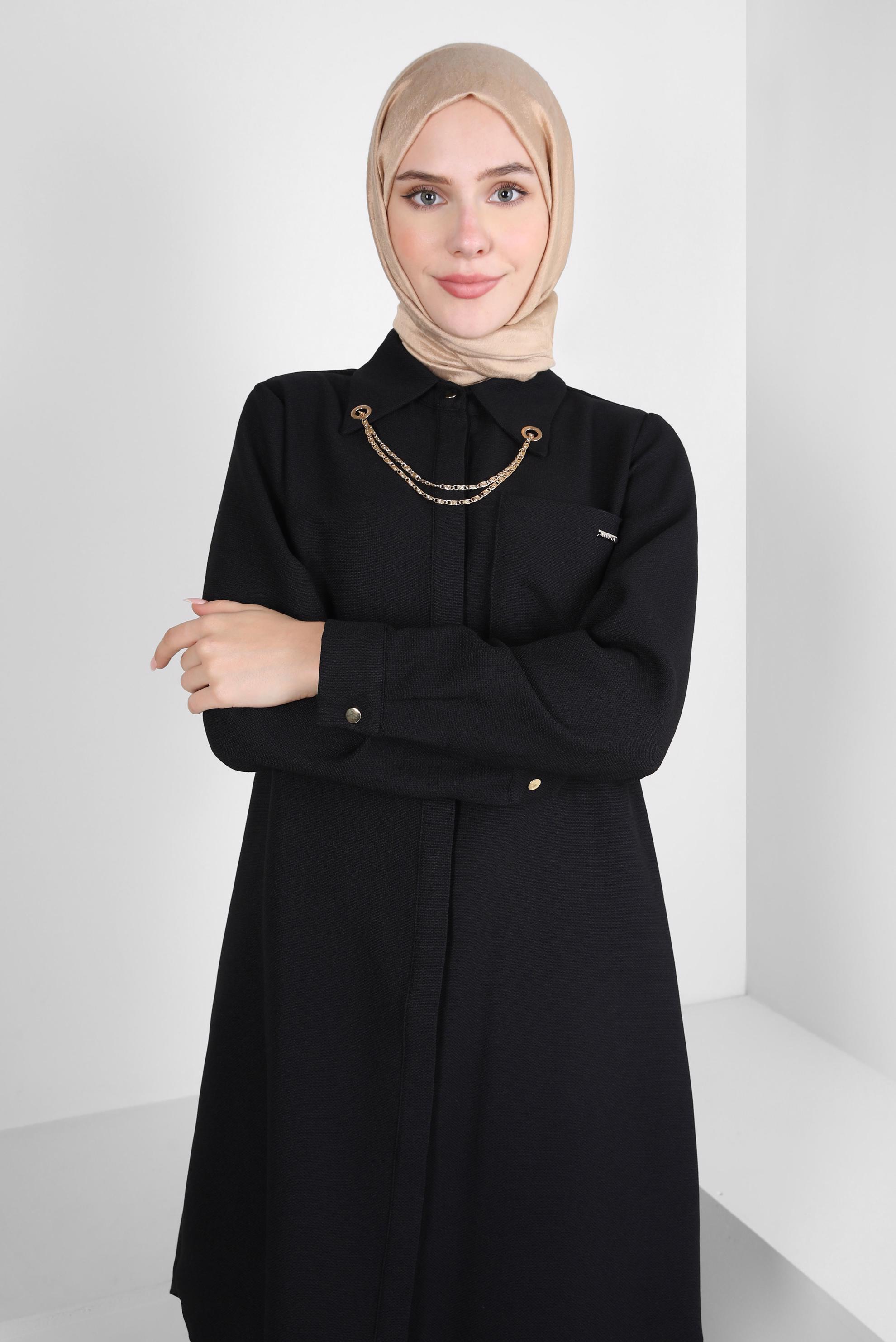 Tesettür giyim SİYAH ZİNCİR DETAYLI TUNİK 44134