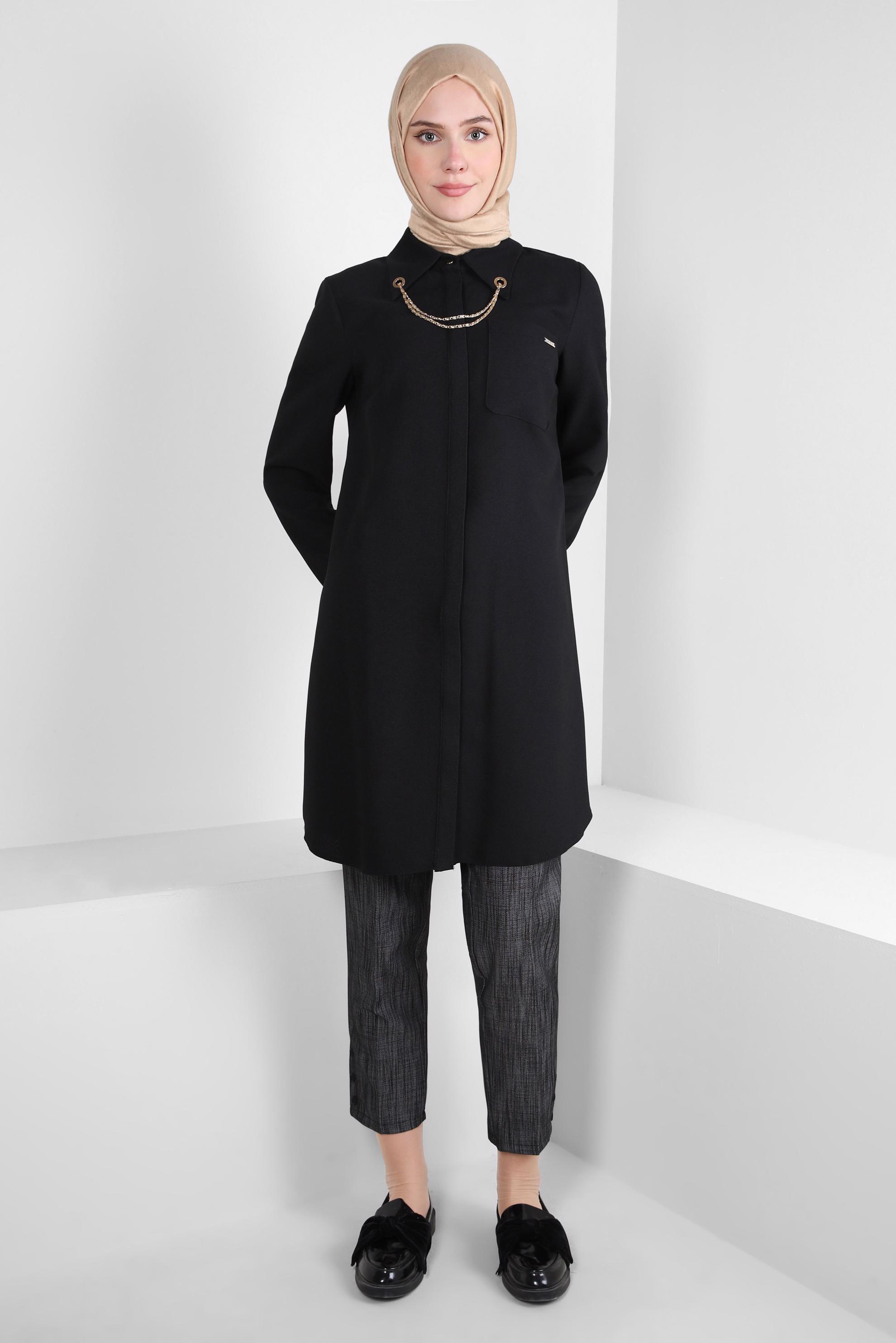 Tesettür giyim SİYAH ZİNCİR DETAYLI TUNİK 44134