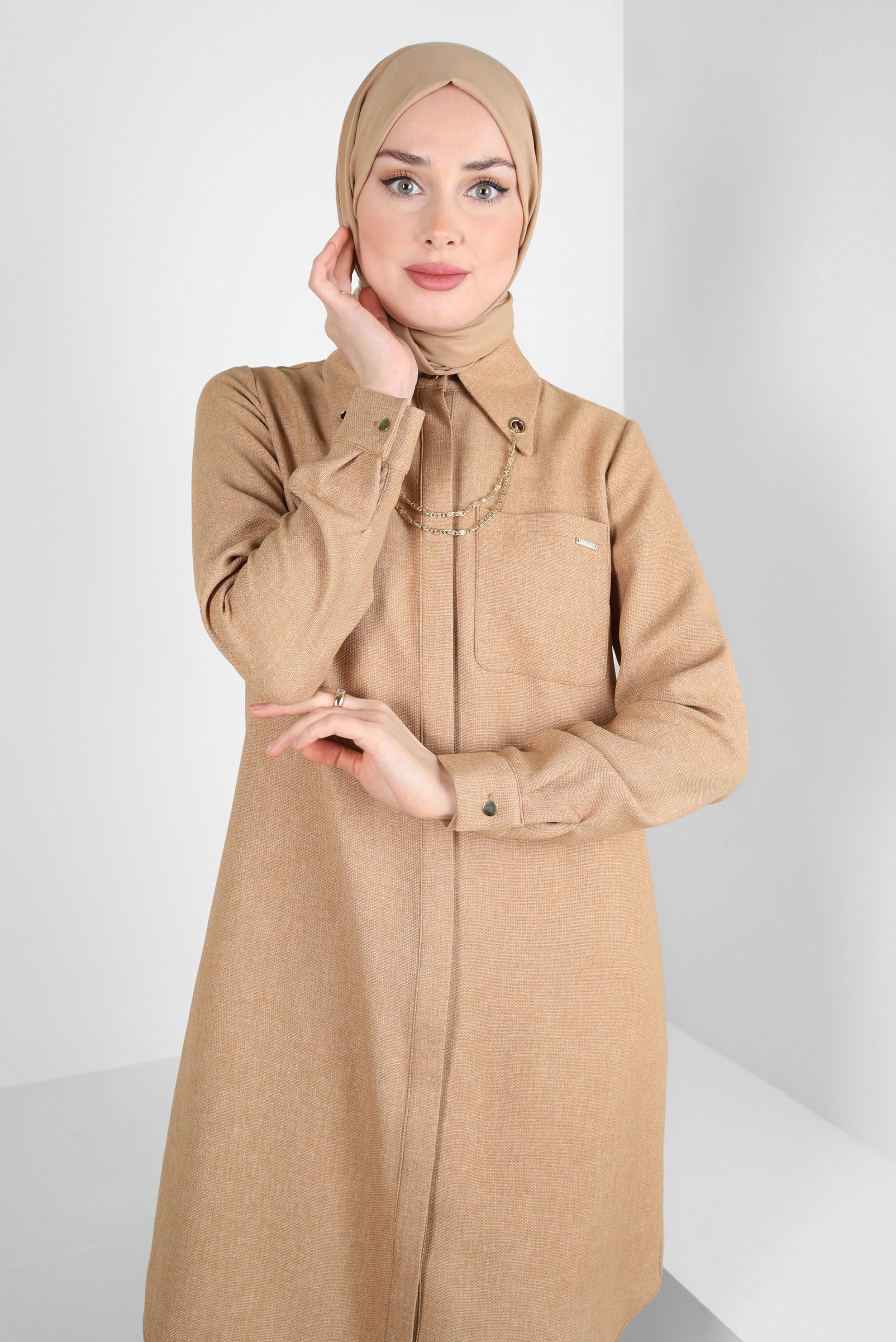 Tesettür giyim KAHVE ZİNCİR DETAYLI TUNİK 44134