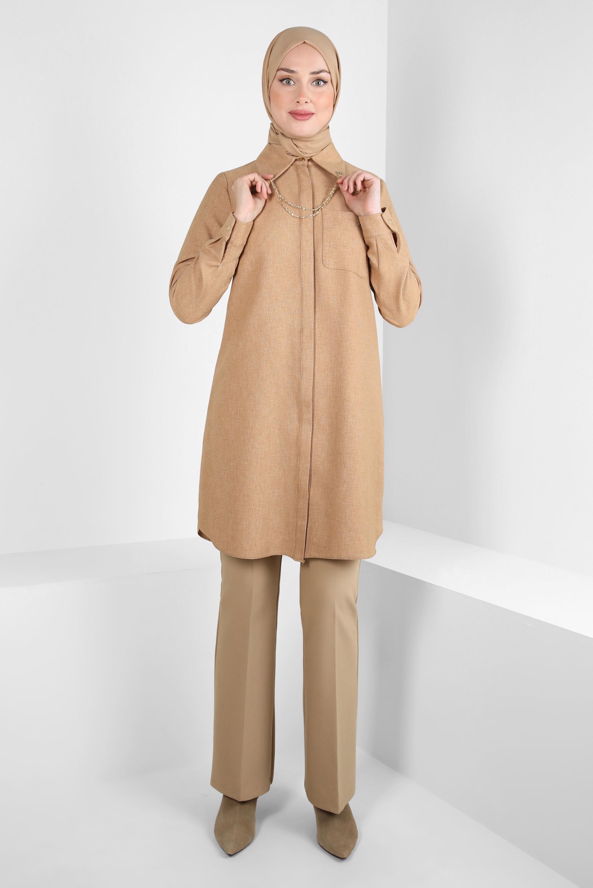 Tesettür giyim KAHVE ZİNCİR DETAYLI TUNİK 44134