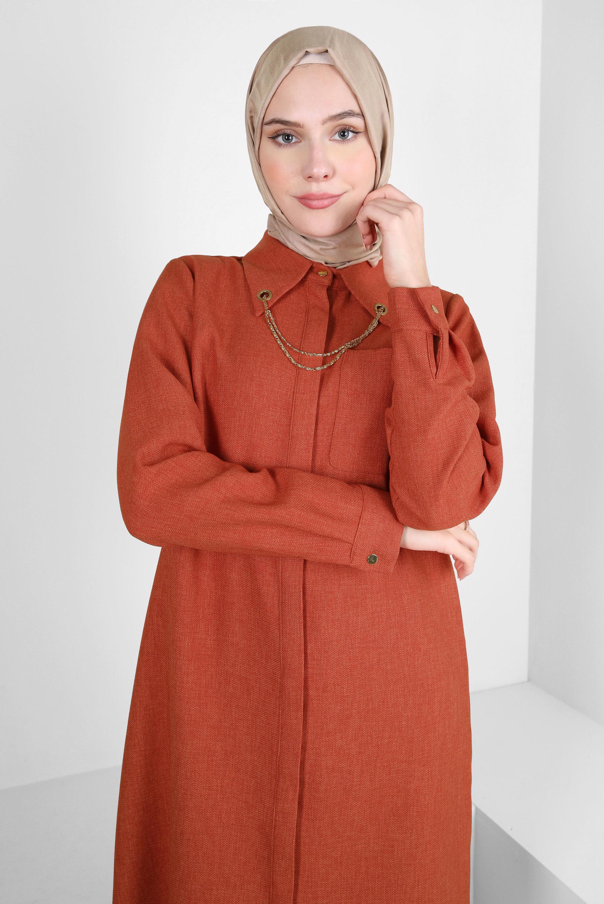 Tesettür giyim TURUNCU ZİNCİR DETAYLI TUNİK 44134