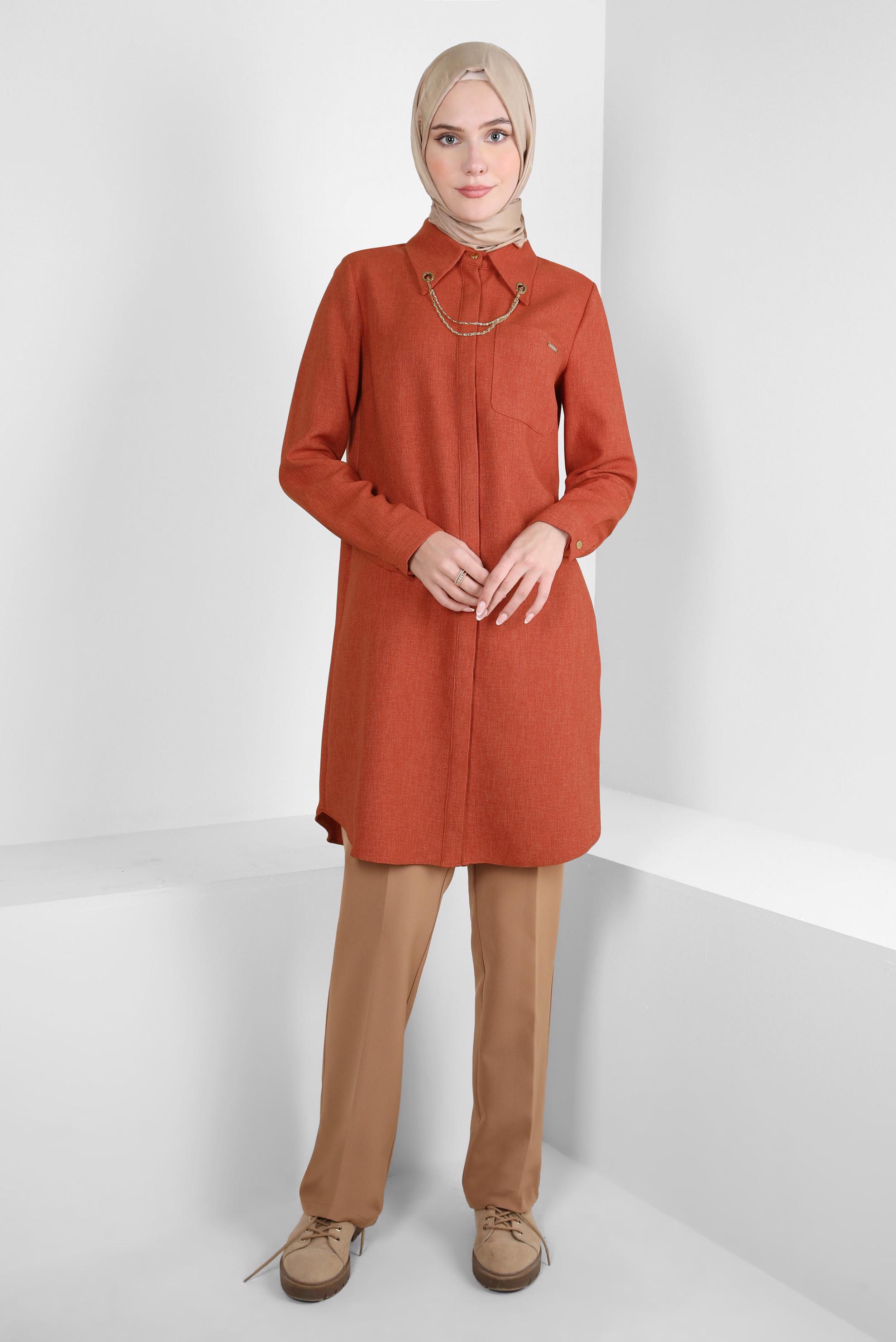 Tesettür giyim TURUNCU ZİNCİR DETAYLI TUNİK 44134