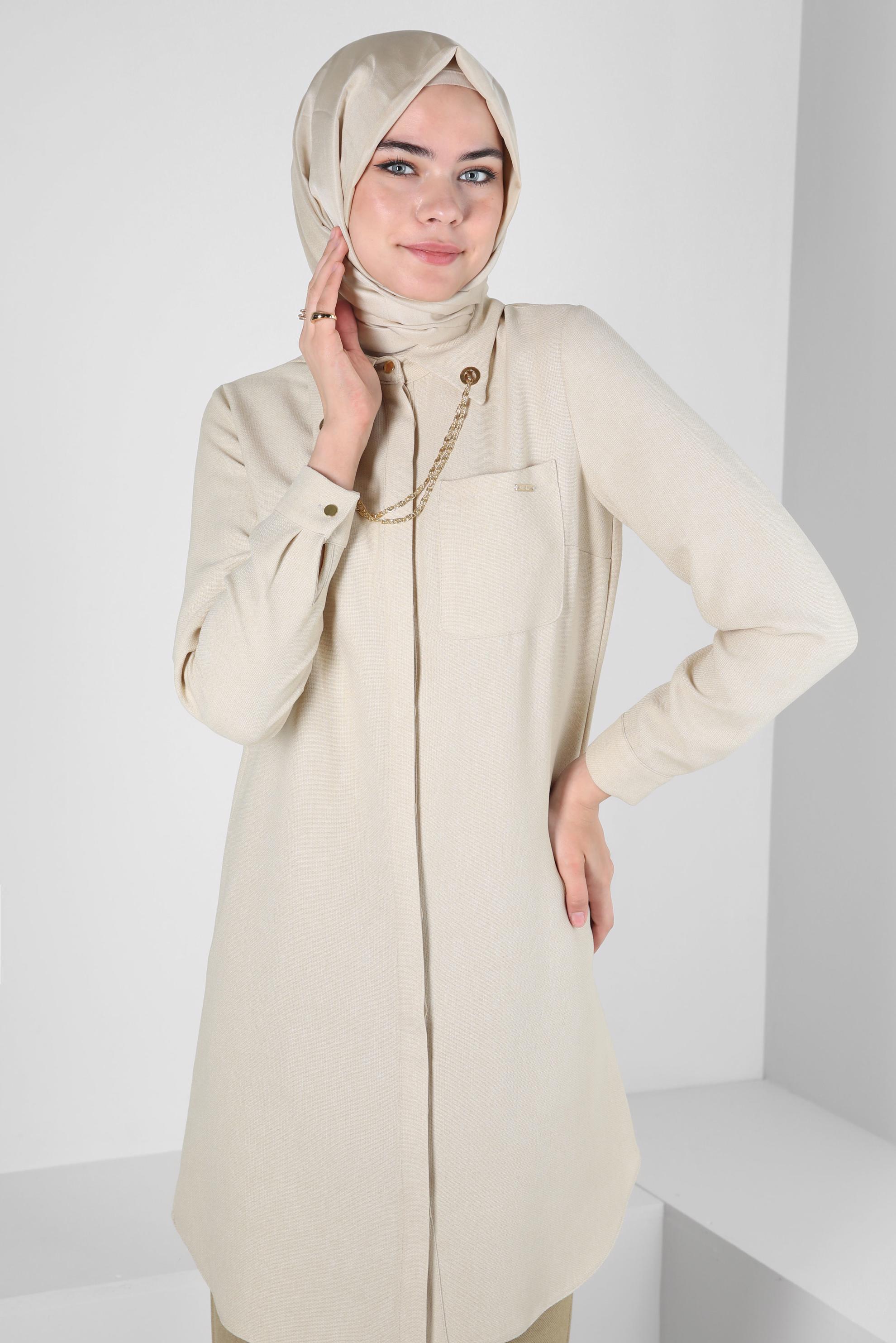 Tesettür giyim BEJ ZİNCİR DETAYLI TUNİK 44134