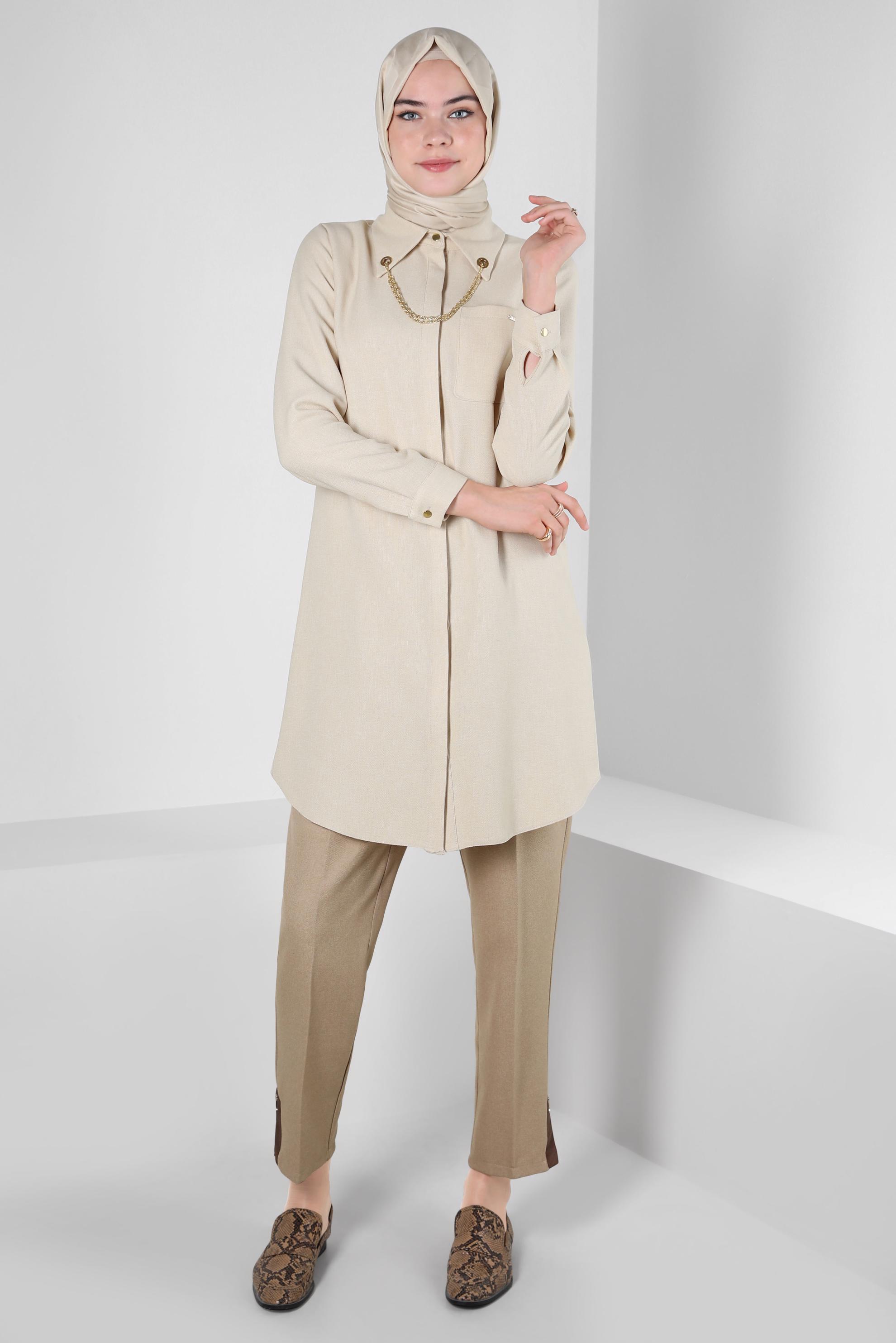 Tesettür giyim BEJ ZİNCİR DETAYLI TUNİK 44134