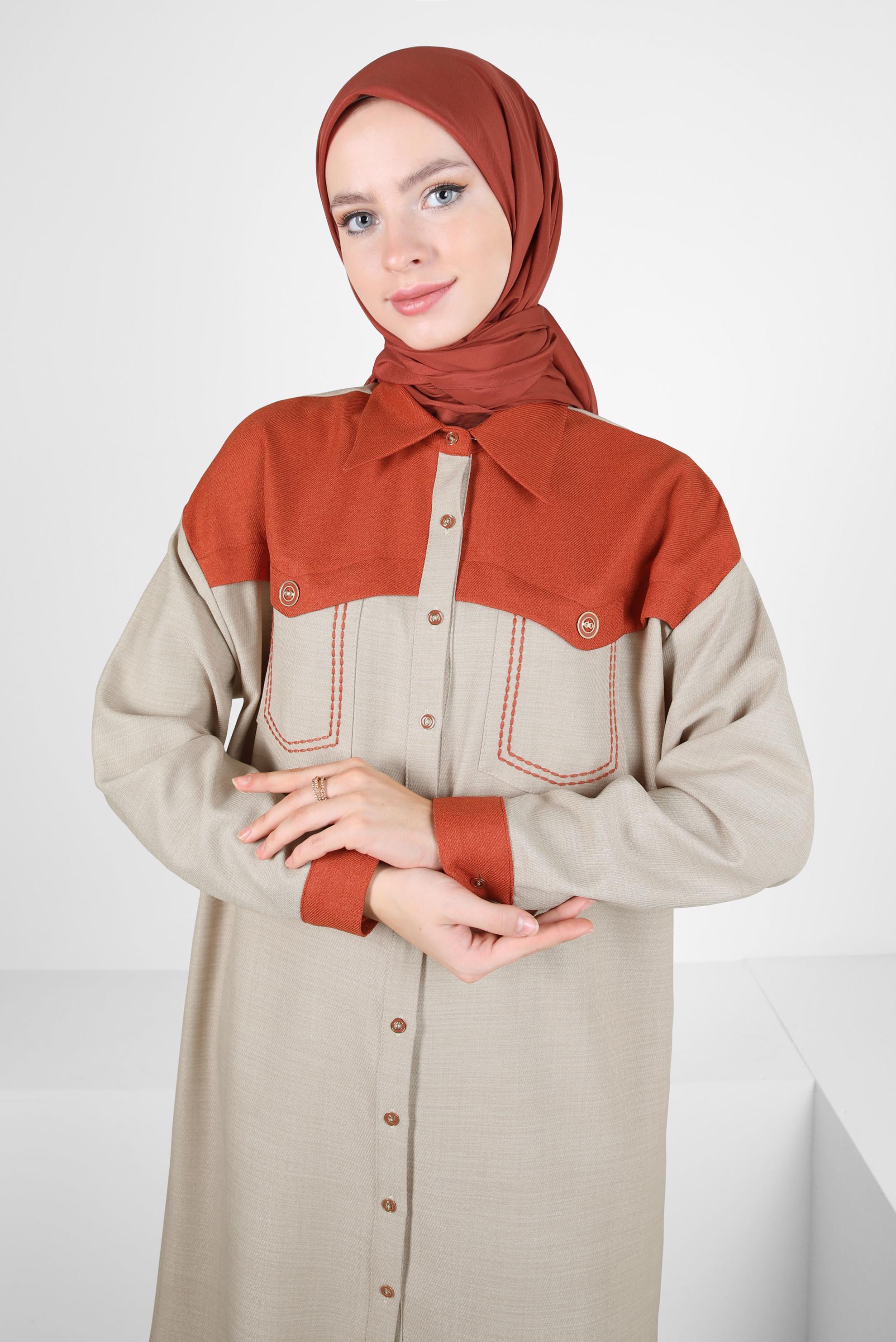 Tesettür giyim BEJ İKİ RENKLİ GÖMLEK TUNİK 44135