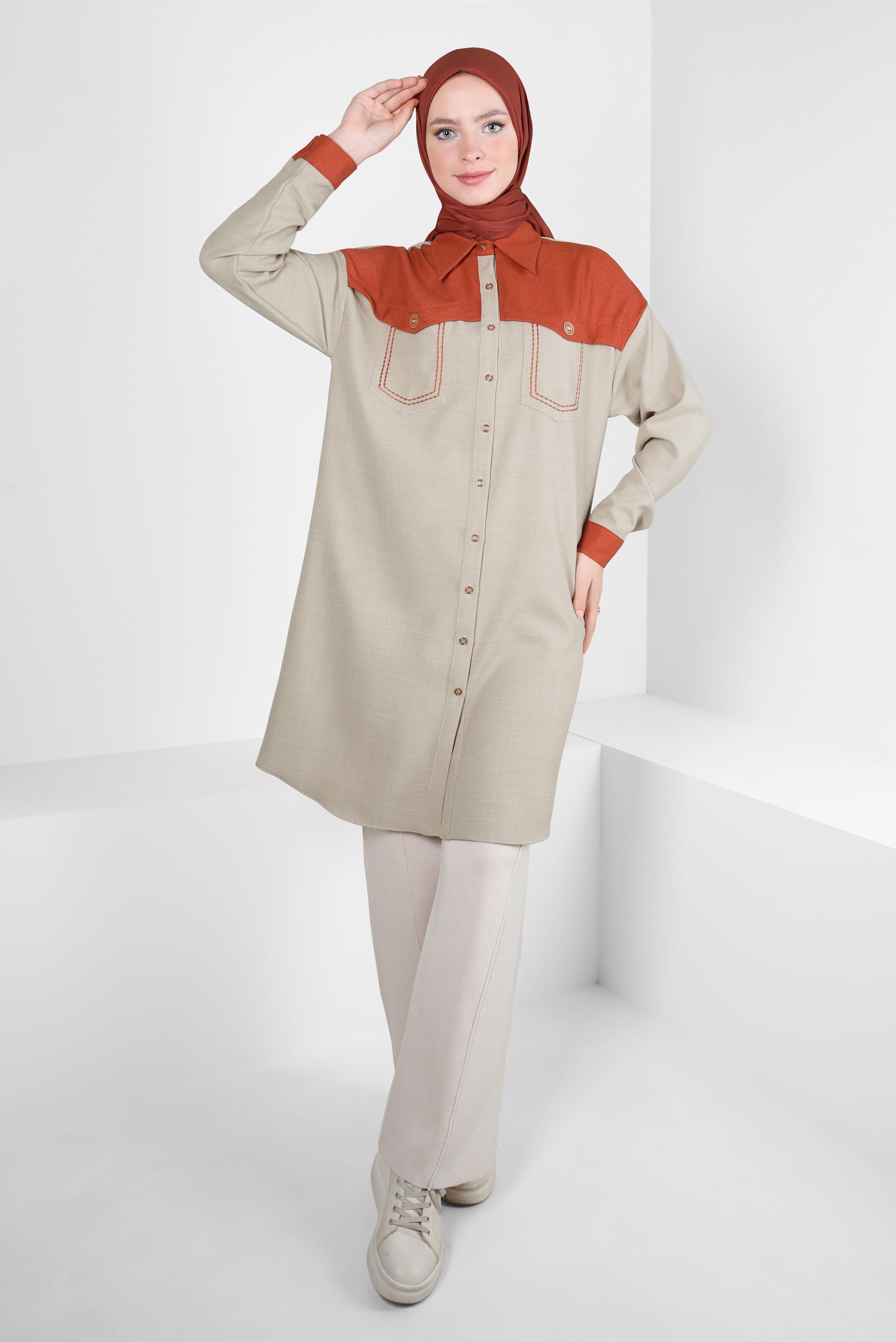Tesettür giyim BEJ İKİ RENKLİ GÖMLEK TUNİK 44135