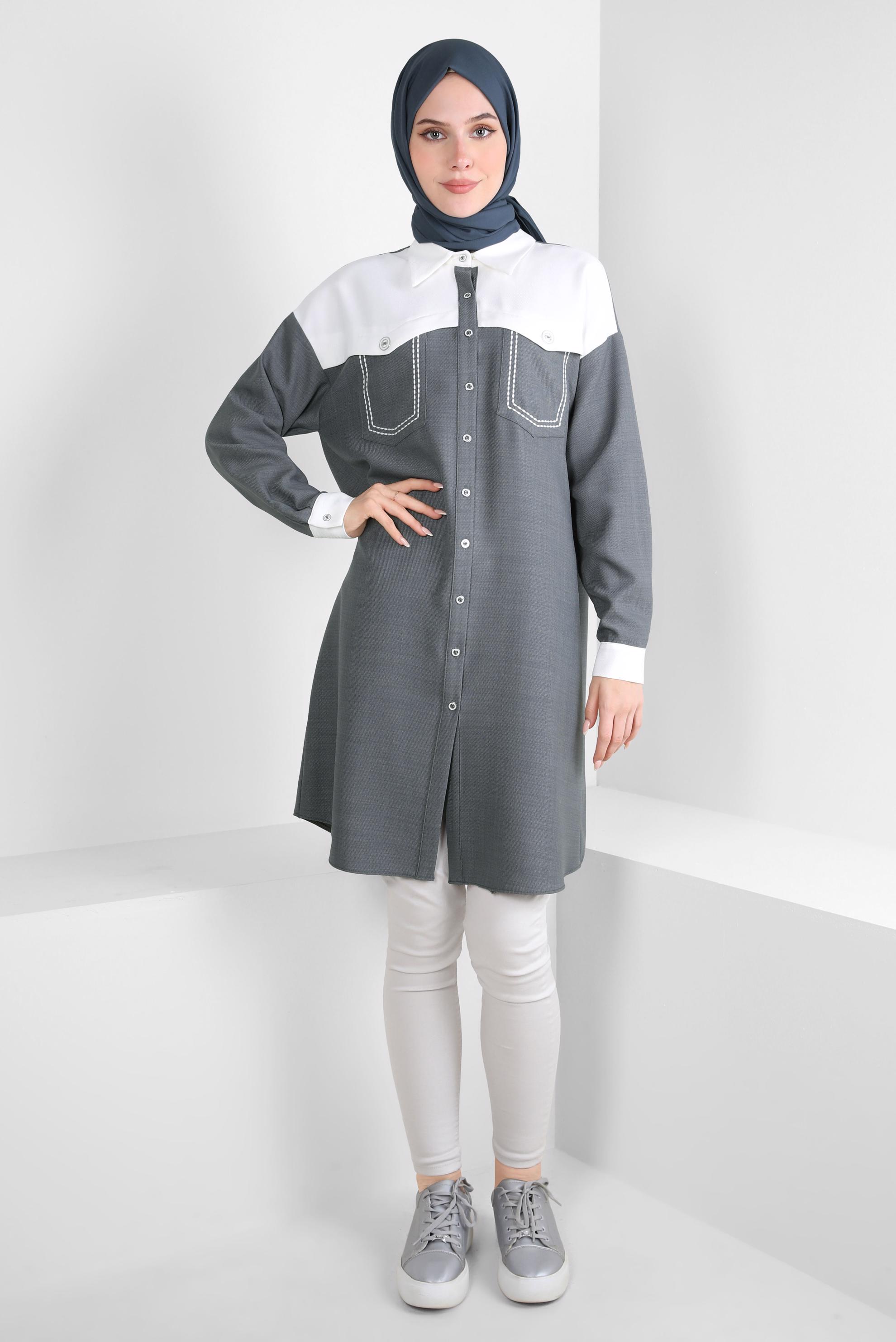 Tesettür giyim GRİ İKİ RENKLİ GÖMLEK TUNİK 44135