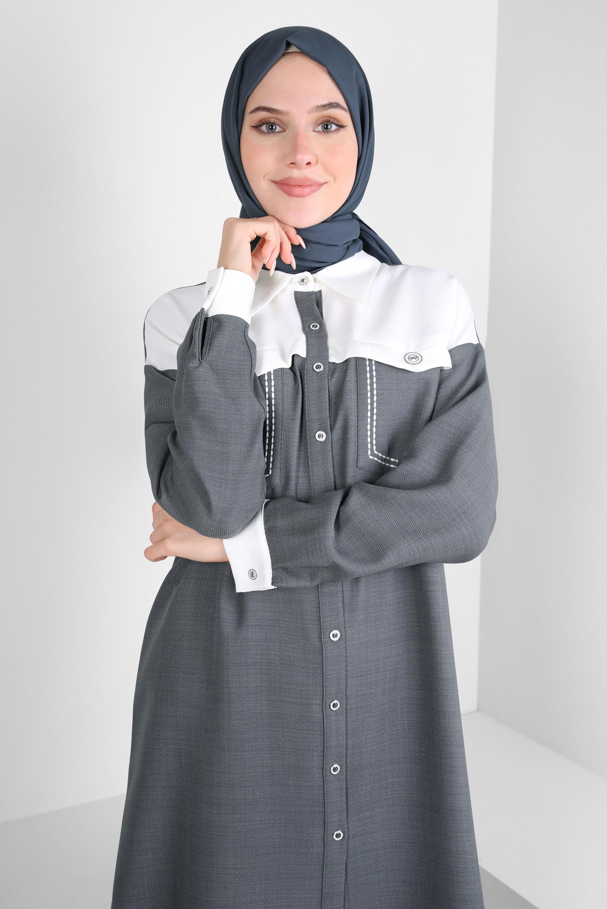 Tesettür giyim GRİ İKİ RENKLİ GÖMLEK TUNİK 44135