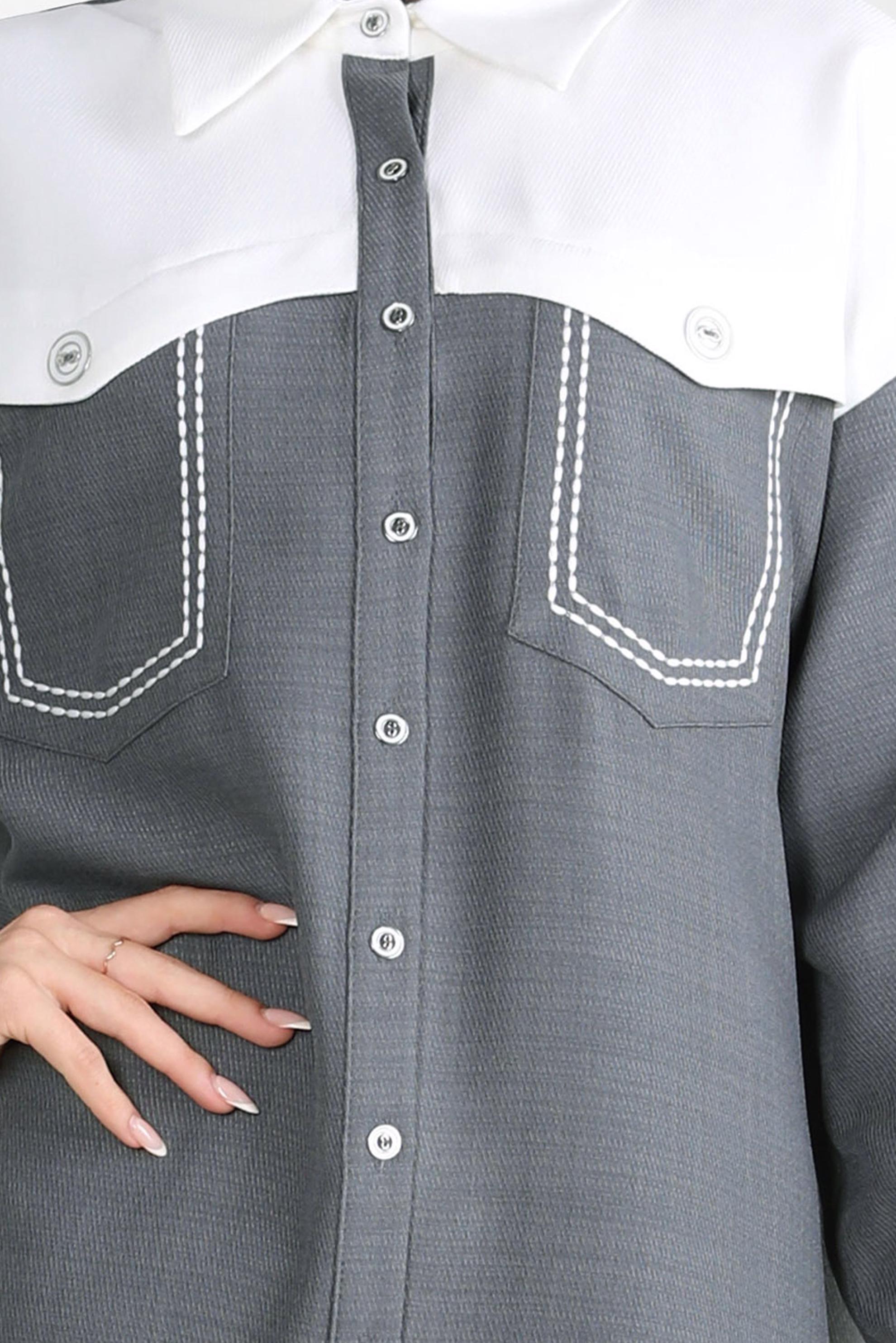 Tesettür giyim GRİ İKİ RENKLİ GÖMLEK TUNİK 44135