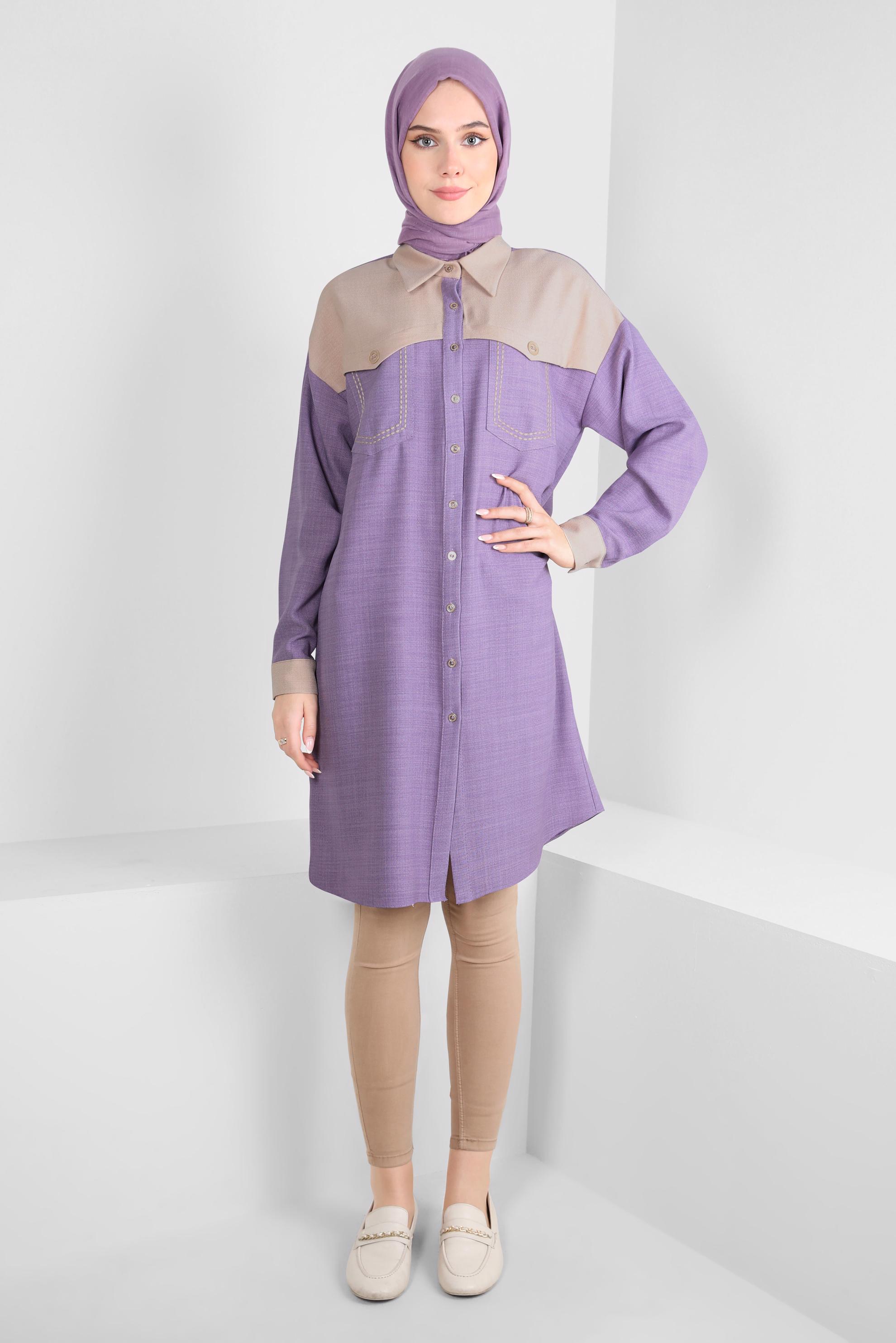 Tesettür giyim MOR İKİ RENKLİ GÖMLEK TUNİK 44135