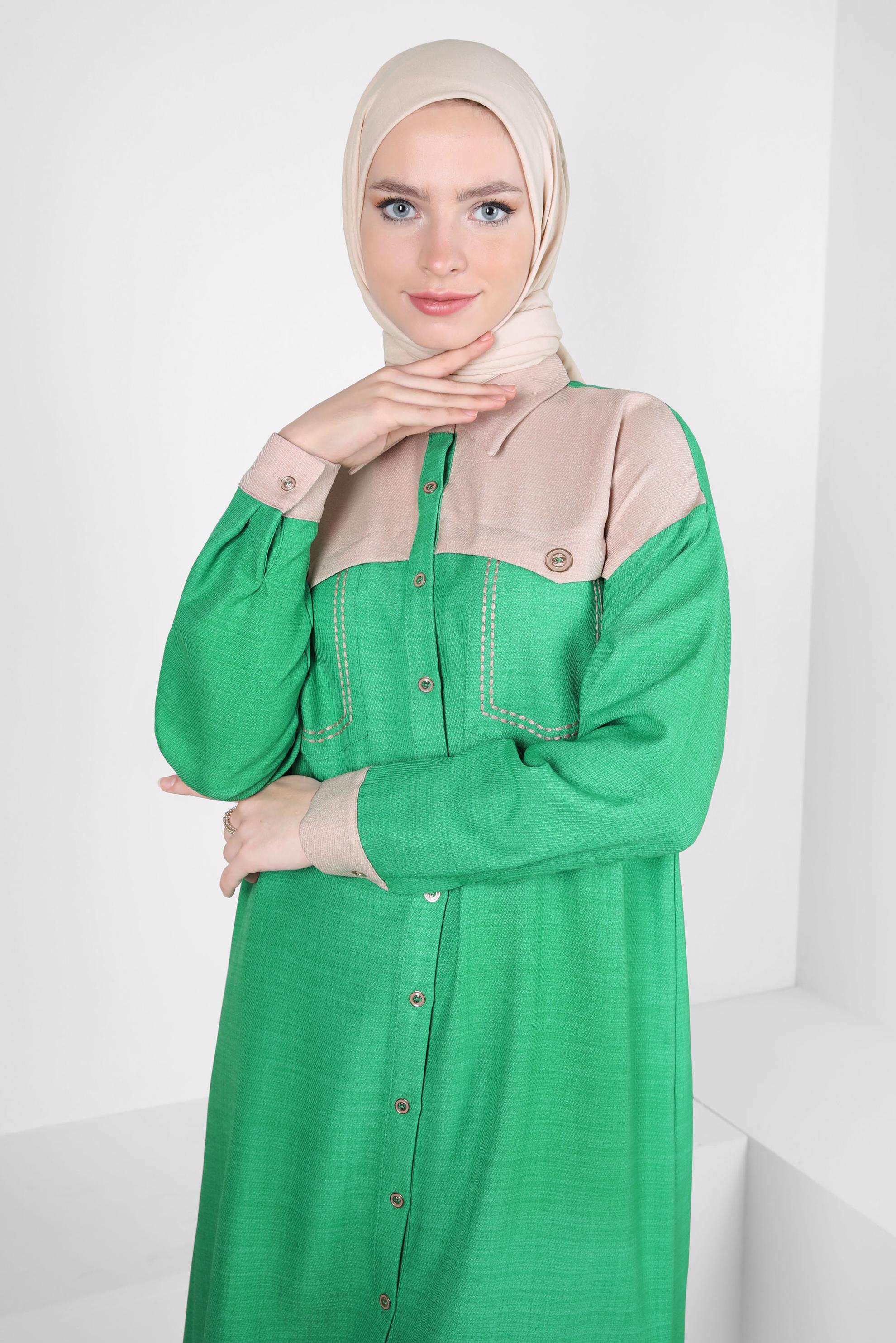 Tesettür giyim YEŞİL İKİ RENKLİ GÖMLEK TUNİK 44135