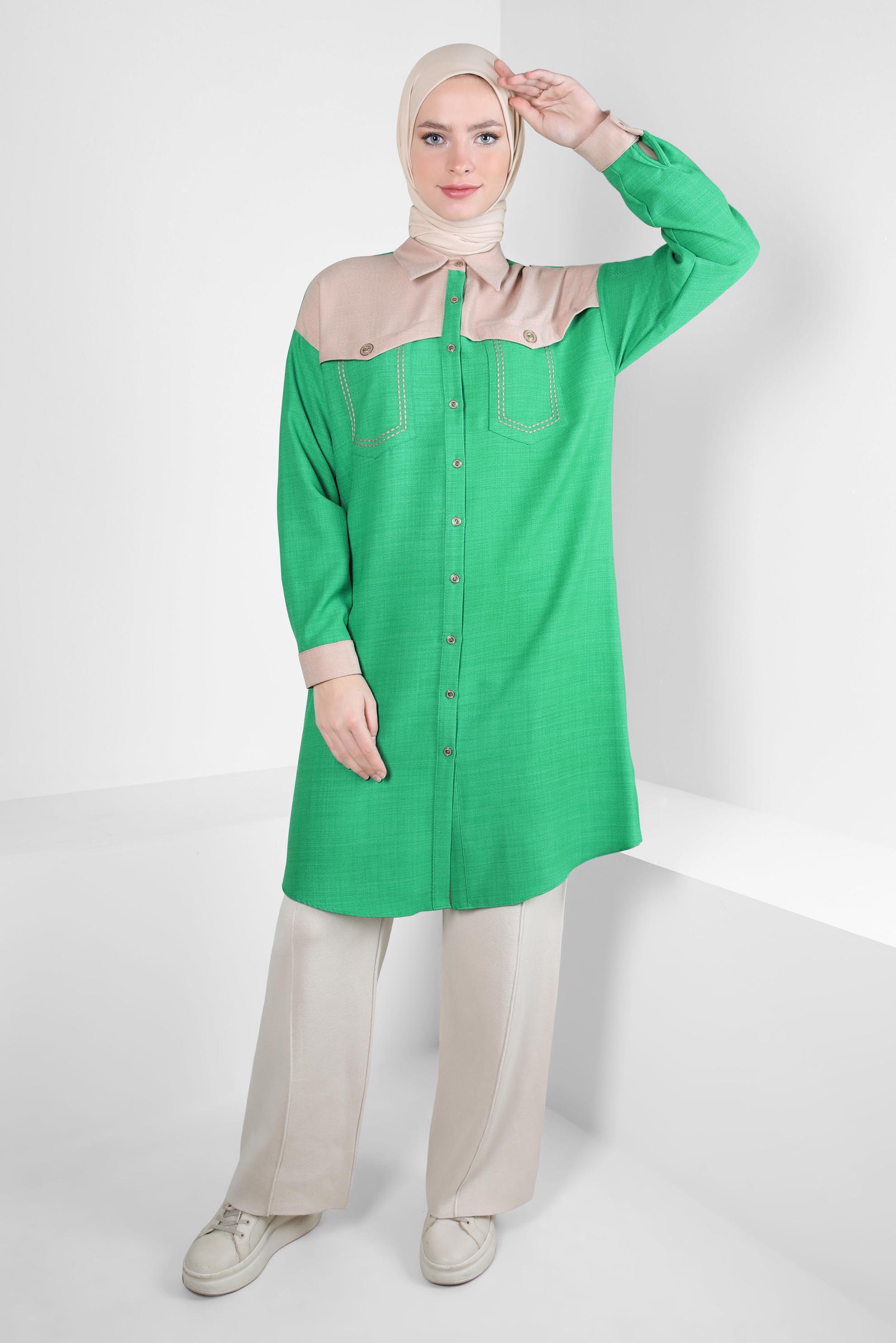 Tesettür giyim YEŞİL İKİ RENKLİ GÖMLEK TUNİK 44135