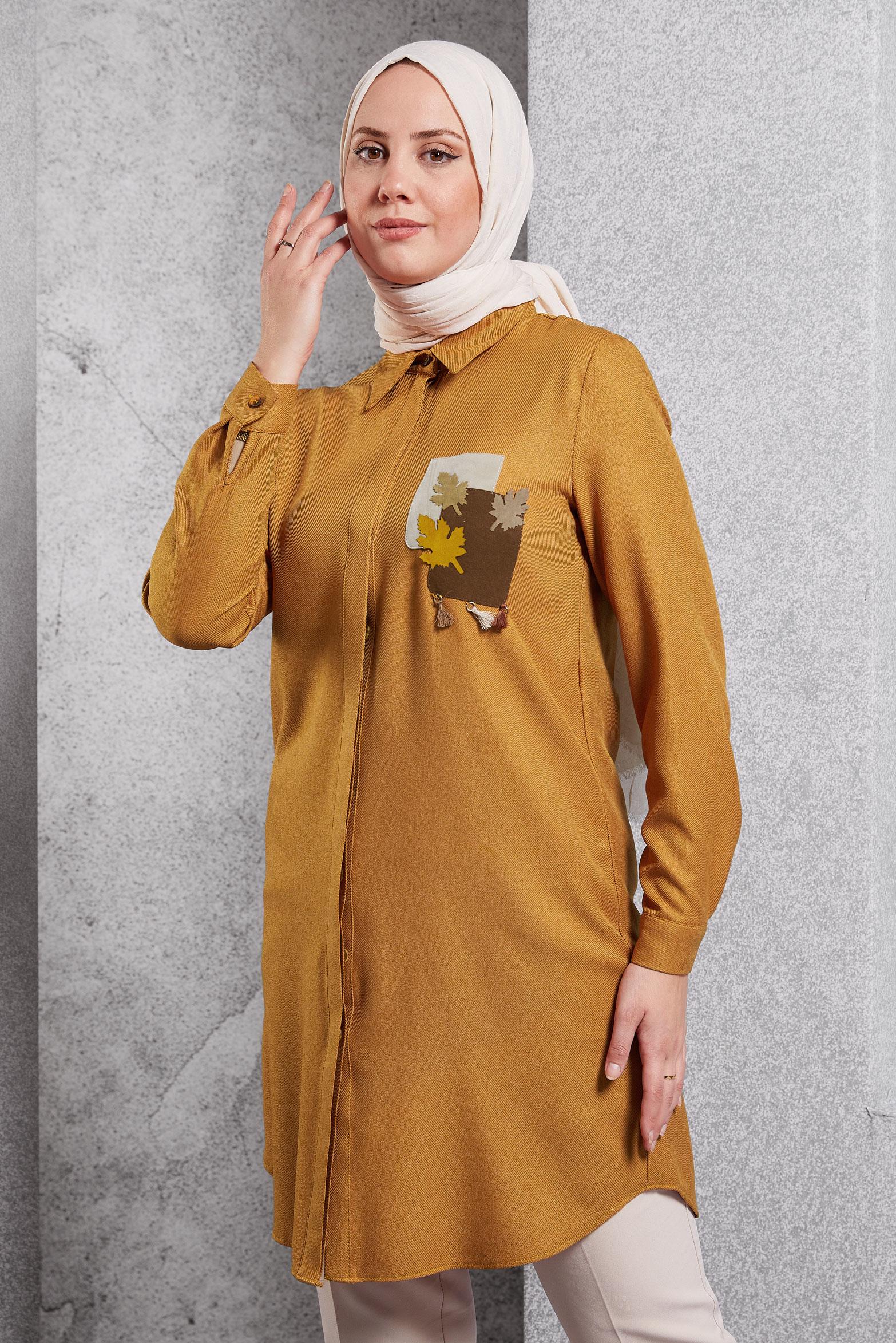 Tesettür giyim SARI DESENLİ PÜSKÜLLÜ TUNİK 44140