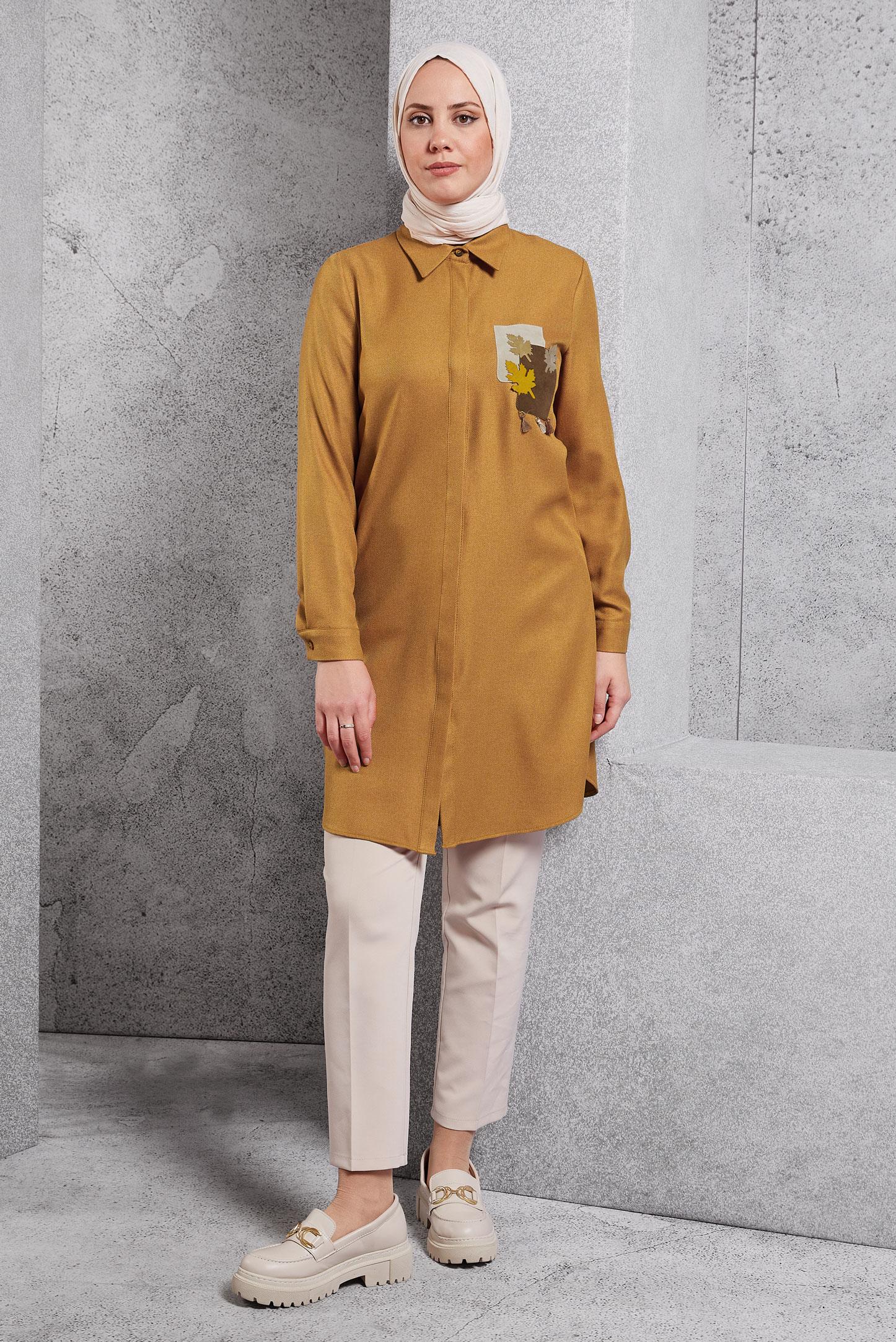 Tesettür giyim SARI DESENLİ PÜSKÜLLÜ TUNİK 44140