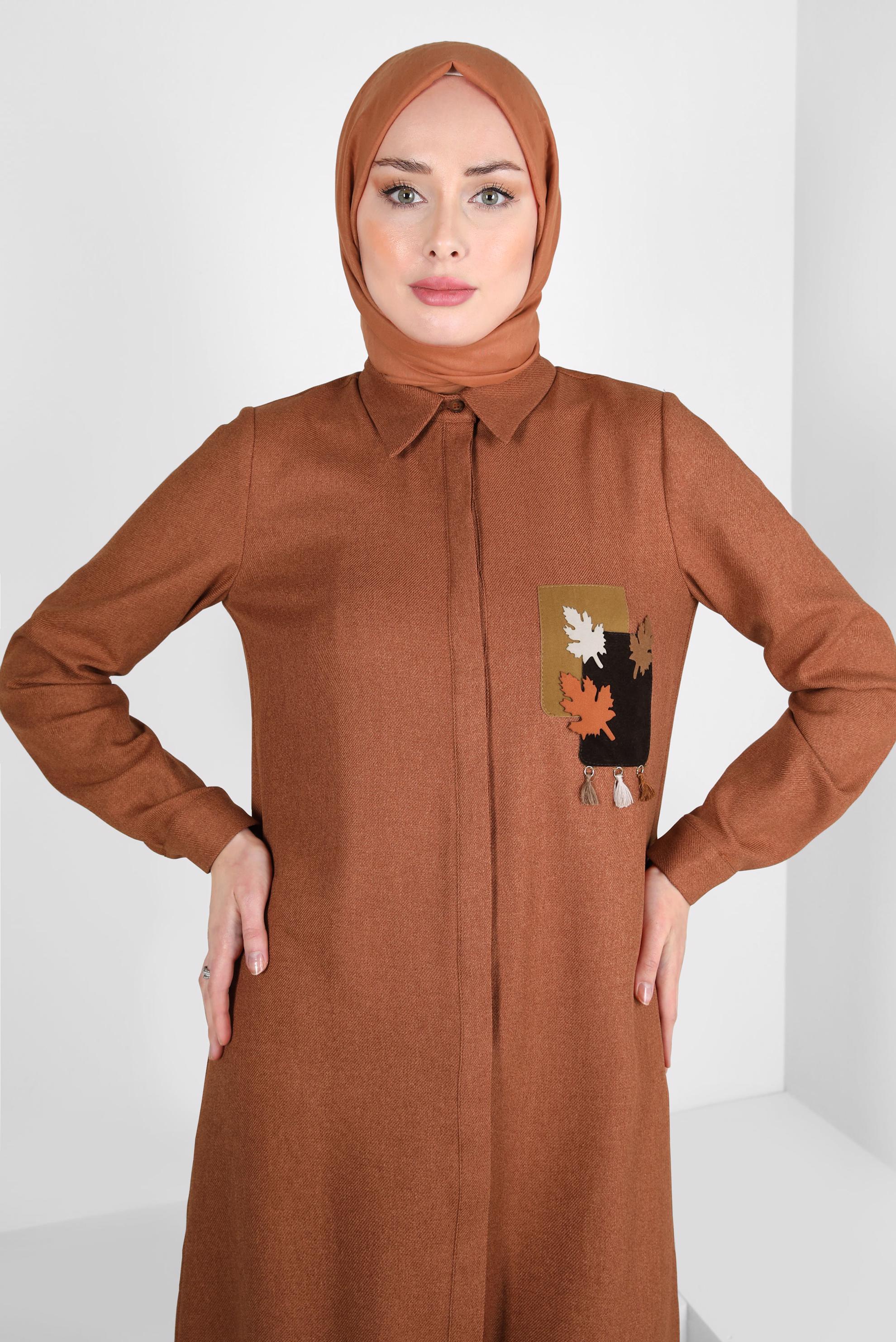 Tesettür giyim TURUNCU DESENLİ PÜSKÜLLÜ TUNİK 44140