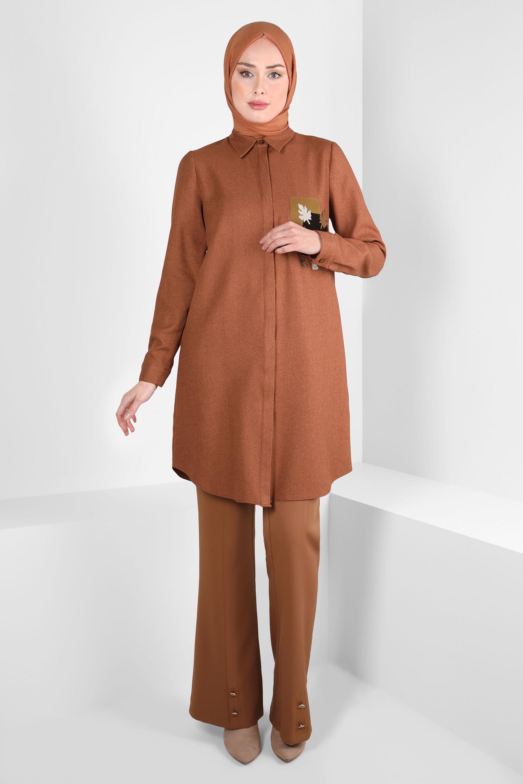 Tesettür giyim TURUNCU DESENLİ PÜSKÜLLÜ TUNİK 44140