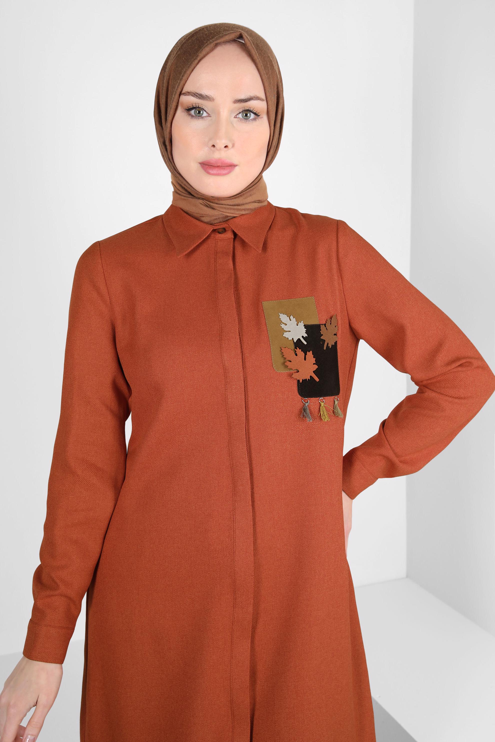 Tesettür giyim TABA DESENLİ PÜSKÜLLÜ TUNİK 44140