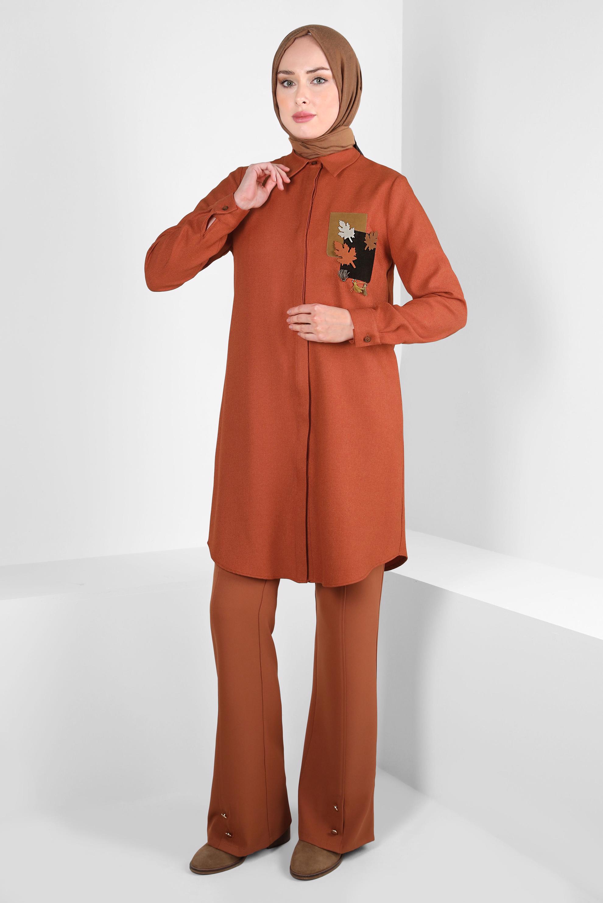 Tesettür giyim TABA DESENLİ PÜSKÜLLÜ TUNİK 44140