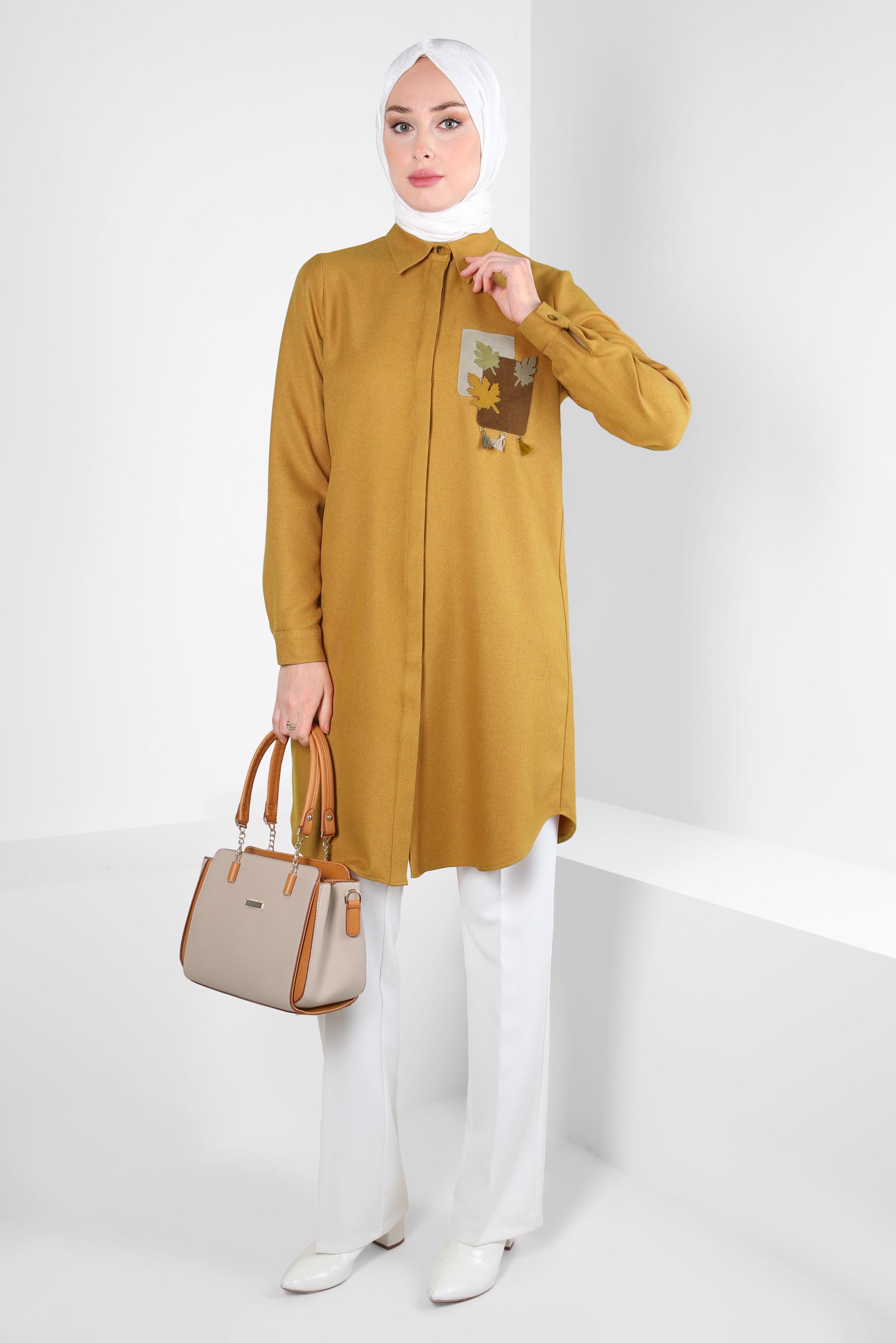 Tesettür giyim SARI DESENLİ PÜSKÜLLÜ TUNİK 44140-1