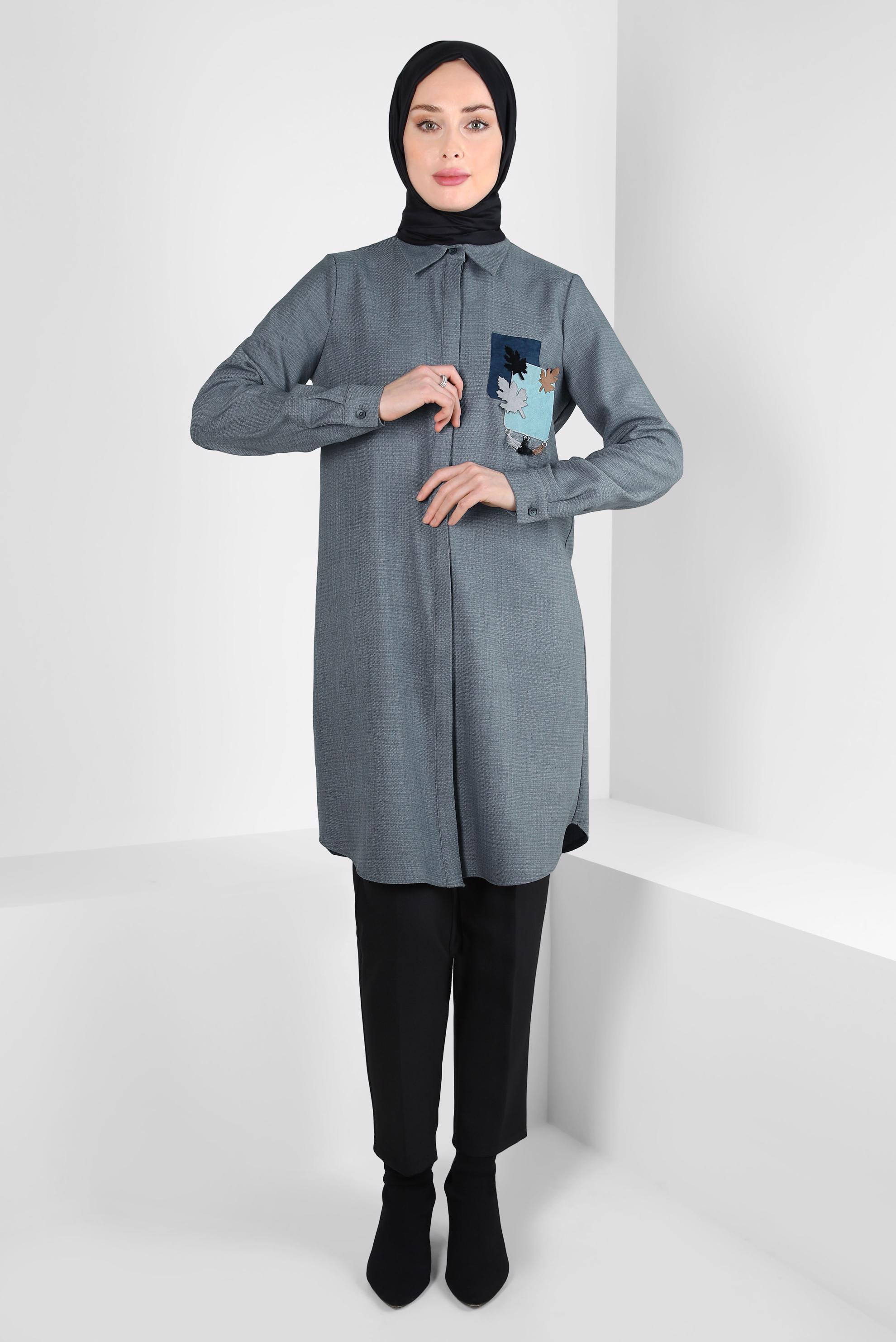 Tesettür giyim GRİ DESENLİ PÜSKÜLLÜ TUNİK 44140-1