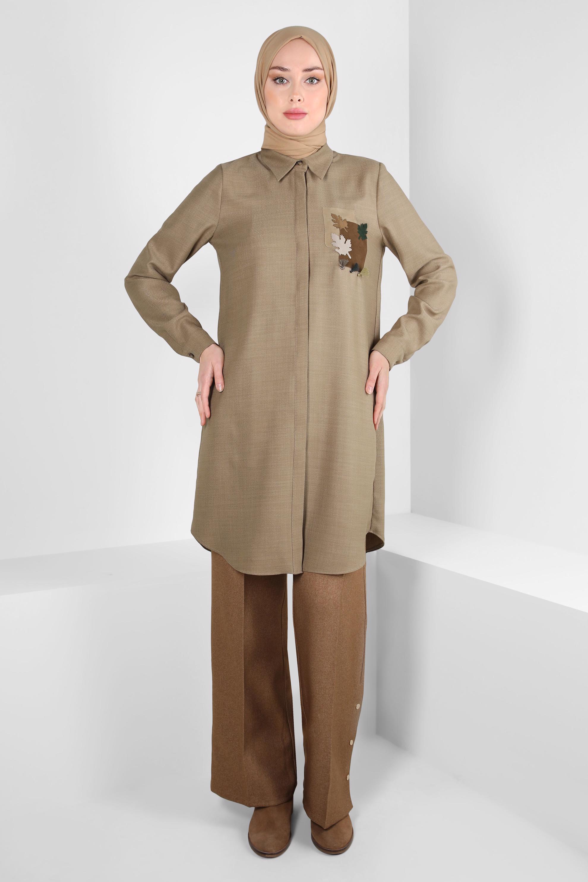 Tesettür giyim KAHVE DESENLİ PÜSKÜLLÜ TUNİK 44140-1