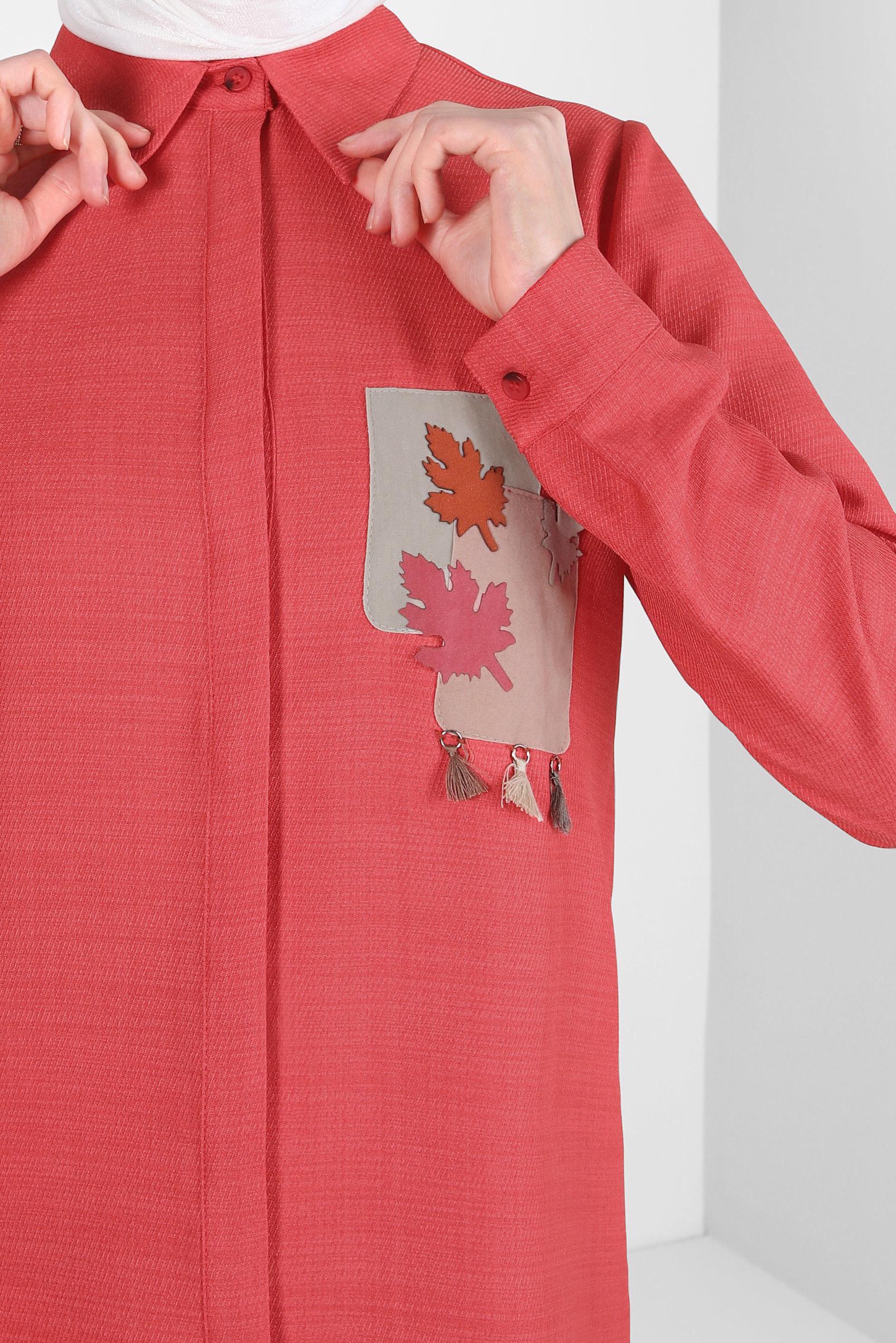 Tesettür giyim KIRMIZI DESENLİ PÜSKÜLLÜ TUNİK 44140-1